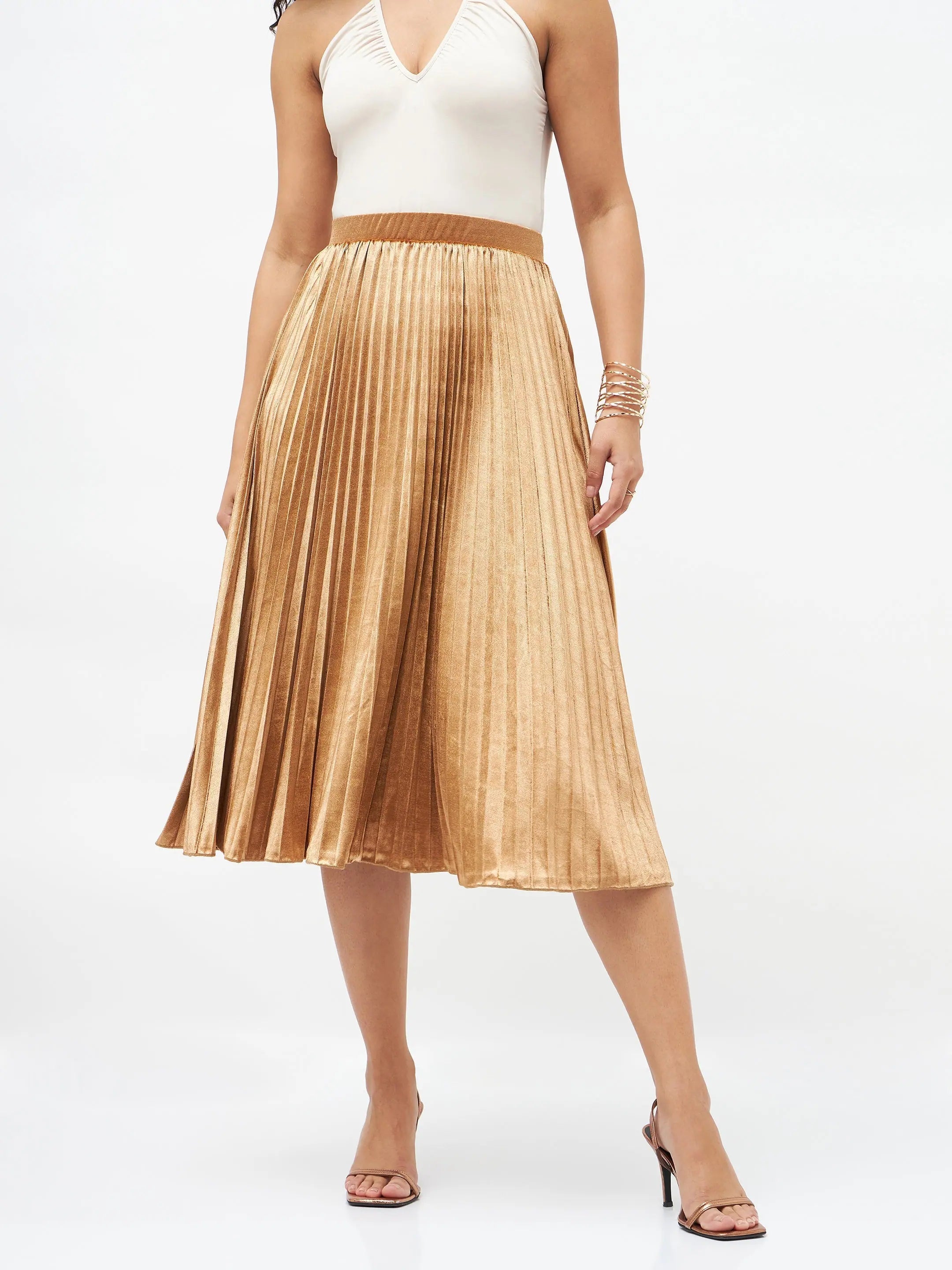 Gold Velvet Pleated Skirt - Stylish Women's Western Clothing