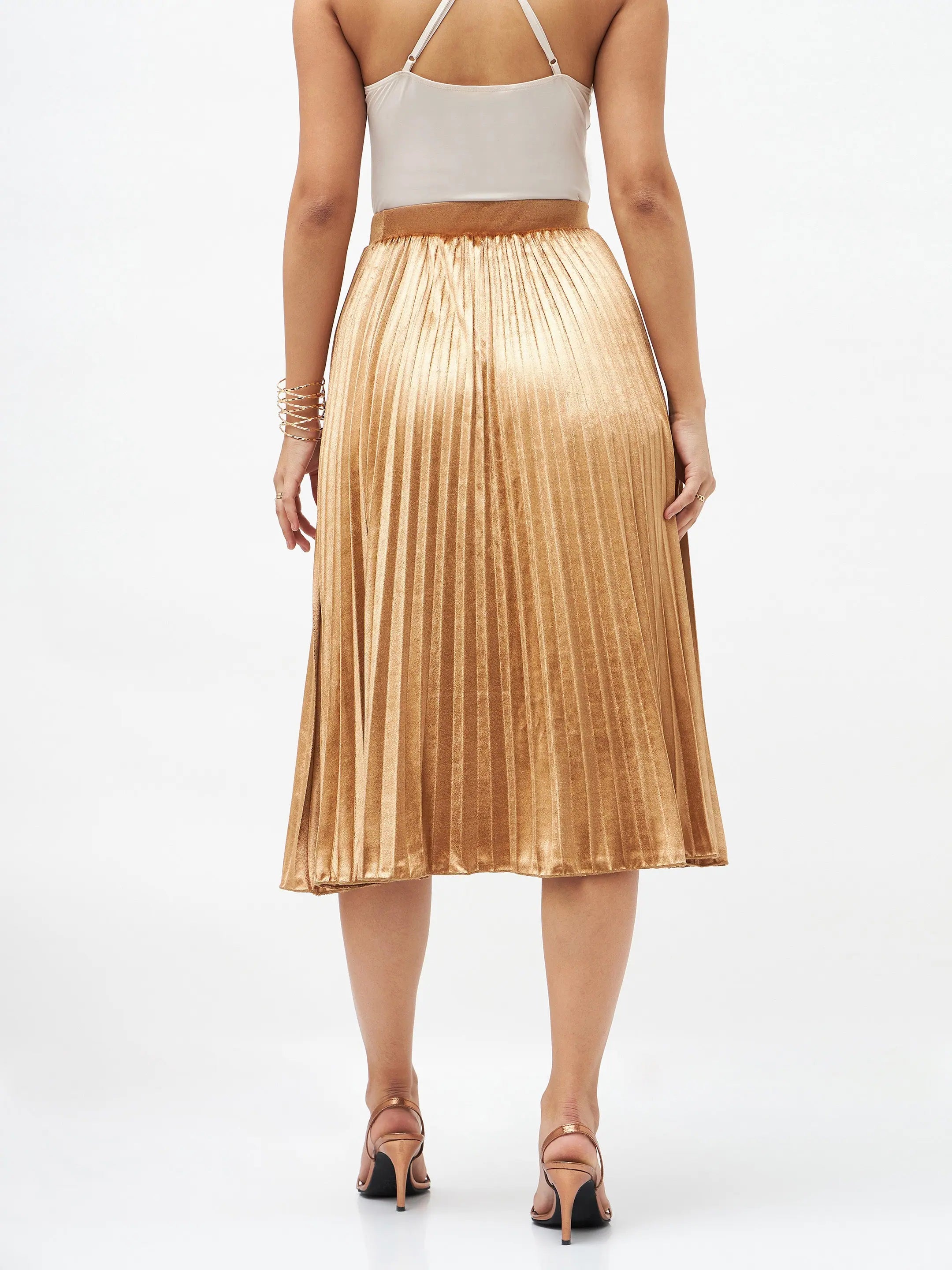 Gold Velvet Pleated Skirt - Stylish Women's Western Clothing