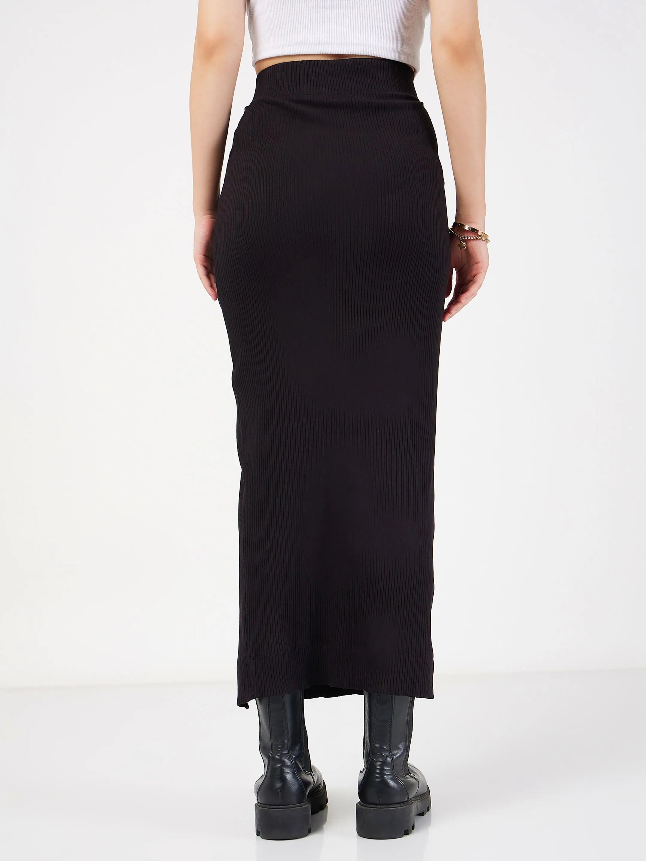 Black Rib Ruched Midi Skirt | Women's Western Clothing
