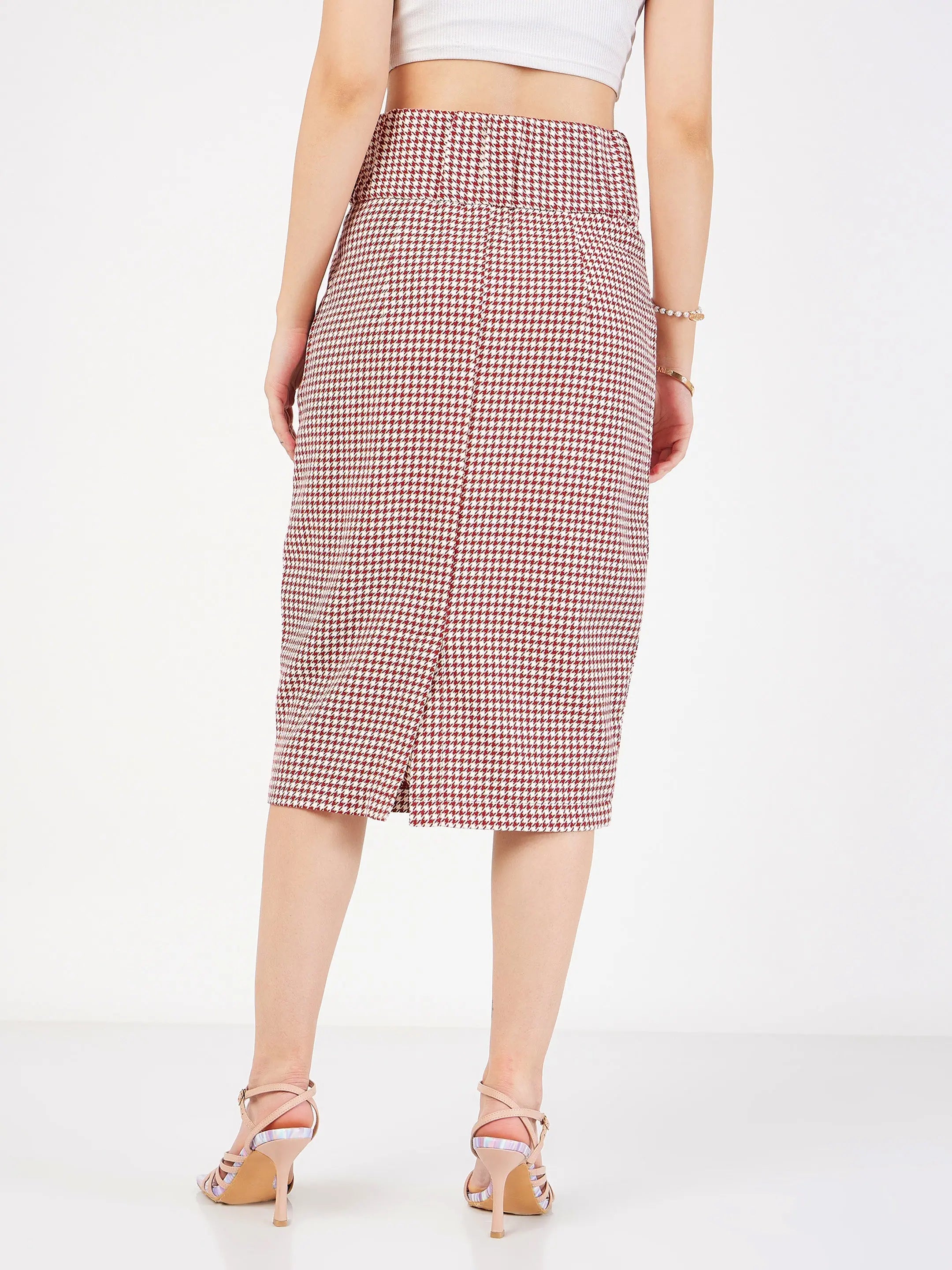Red Houndstooth Tweed Pencil Skirt | Women's Western Wear