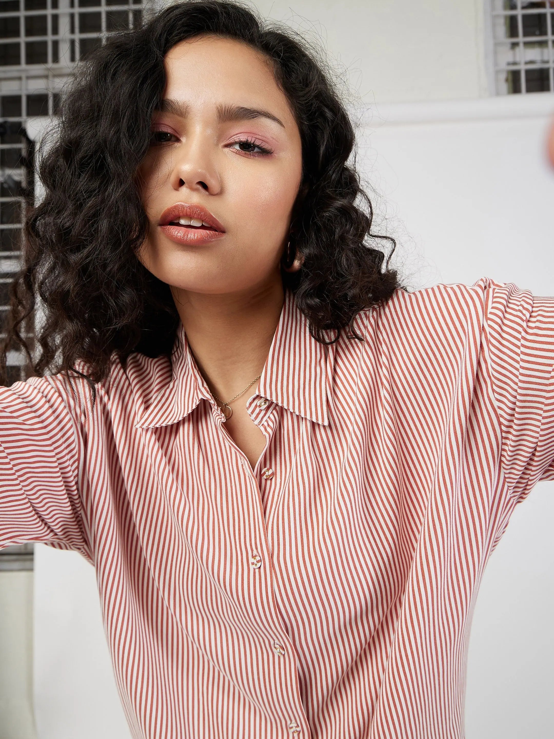 Red Pinstripe Oversize Shirt | Trendy Women's Blouses
