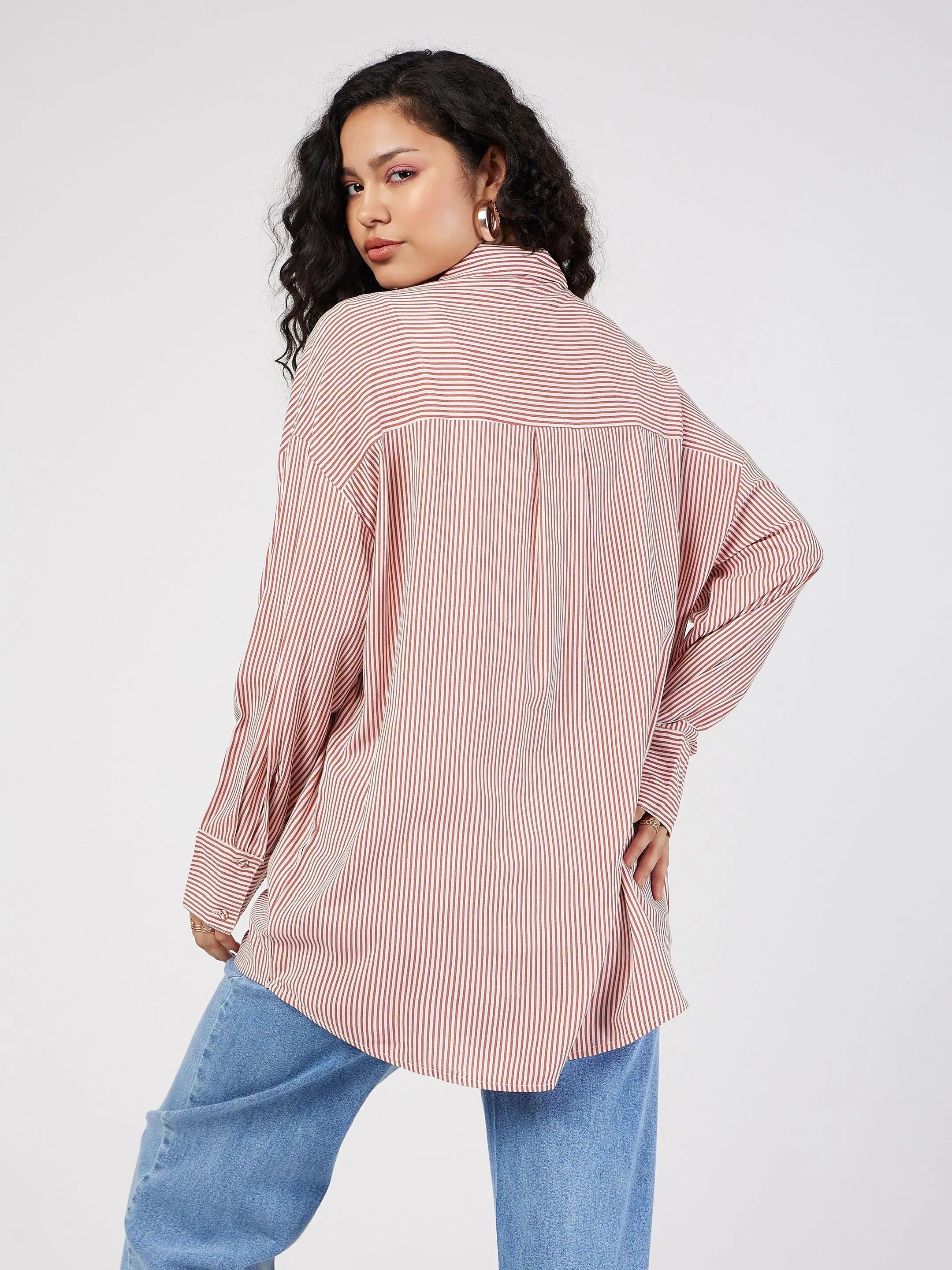 Red Pinstripe Oversize Shirt | Trendy Women's Blouses