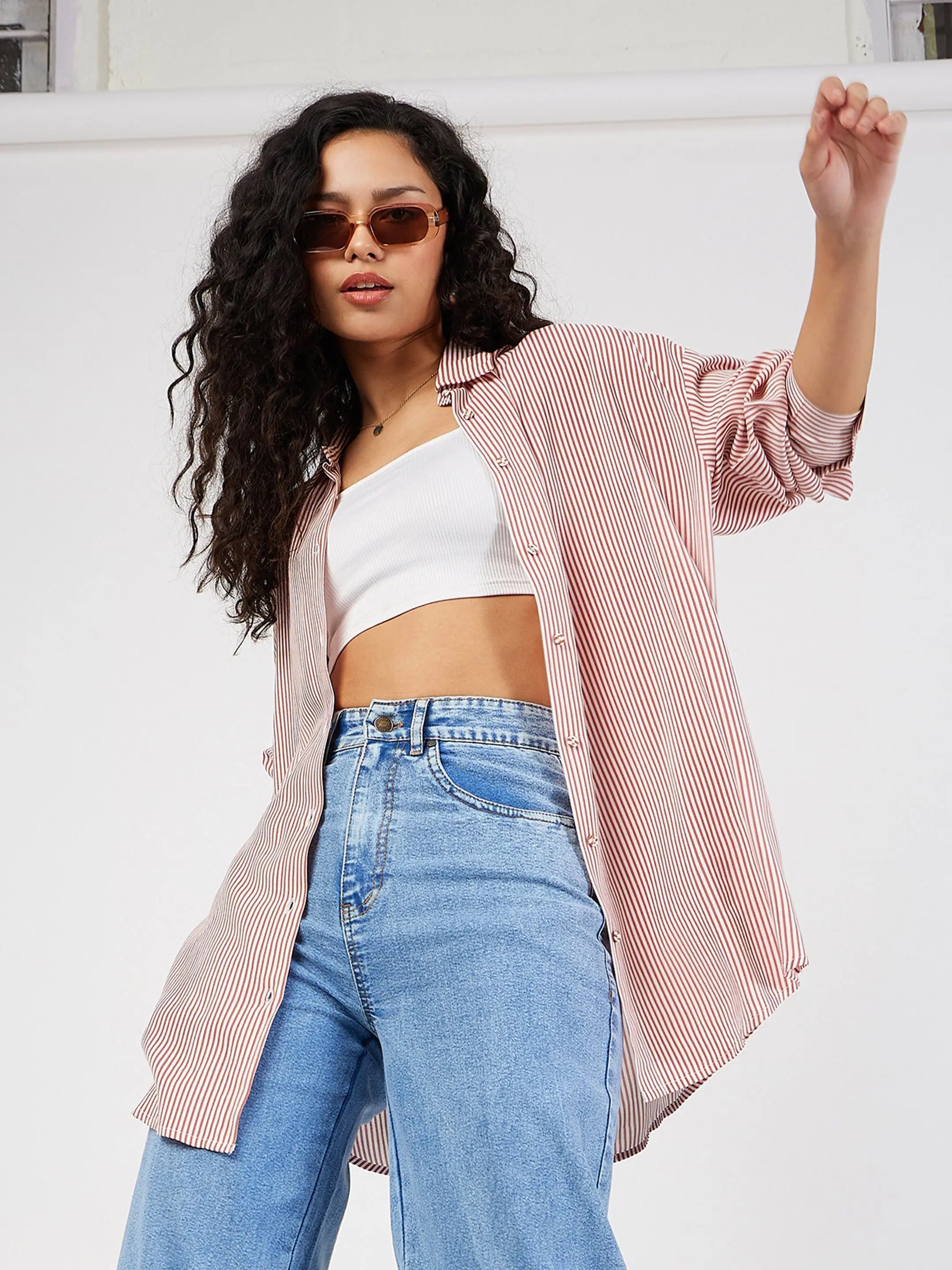 Red Pinstripe Oversize Shirt | Trendy Women's Blouses