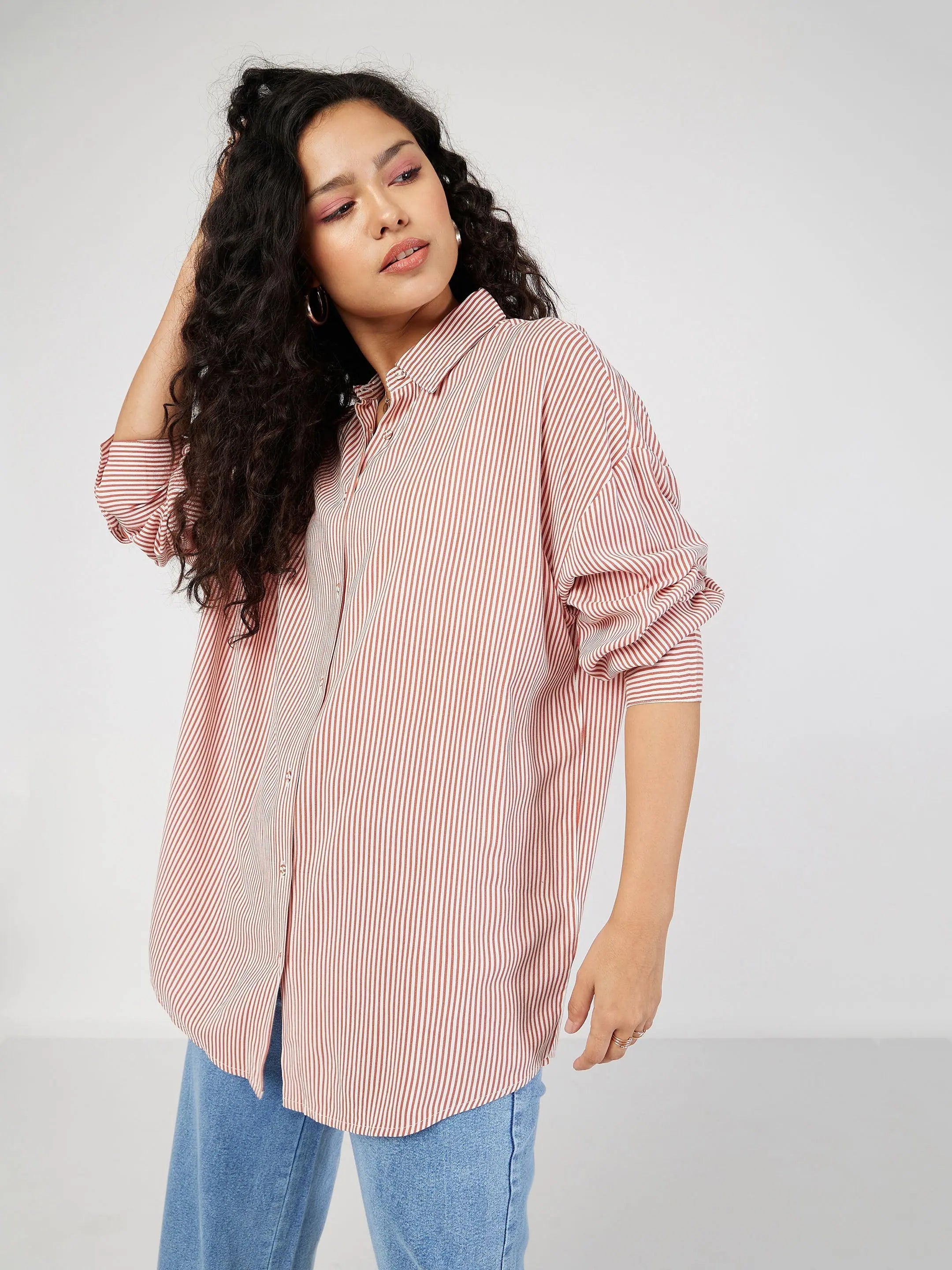 Red Pinstripe Oversize Shirt | Trendy Women's Blouses