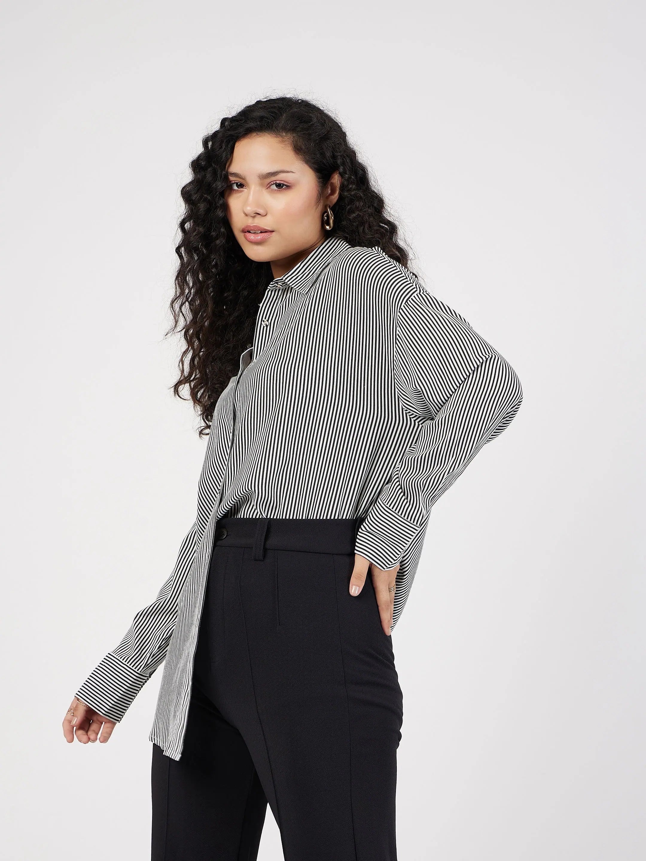 Black Pinstripe Oversize Shirt | Stylish Women's Tops Online