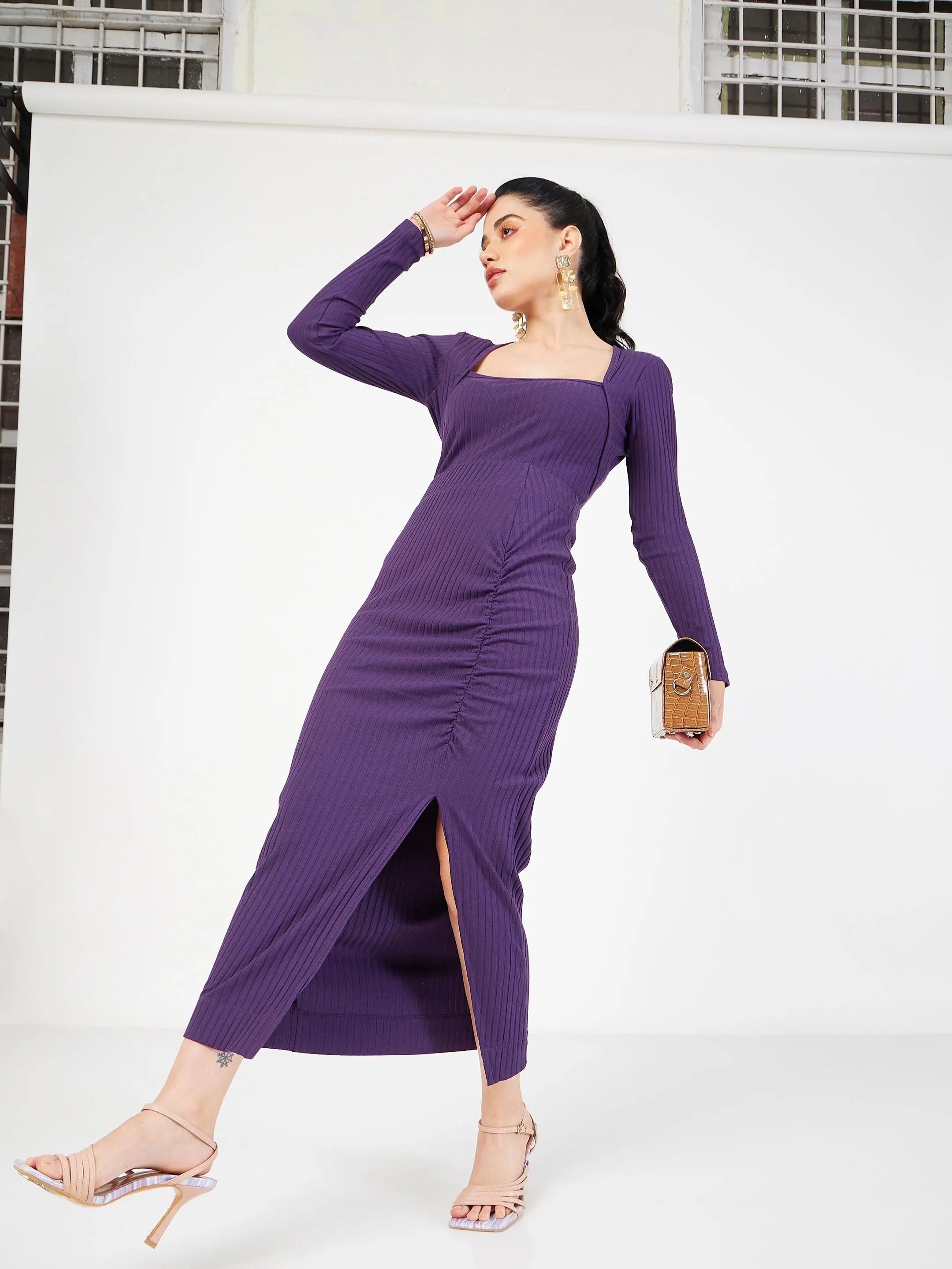 Purple Rib Ruched Midi Skirt | Women's Western Clothing