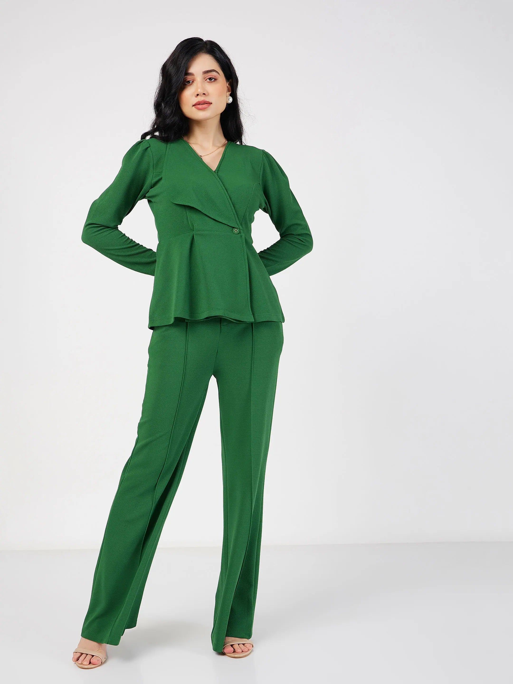 Green Wrap Peplum Top & Bellbottom Pants | Western Clothing