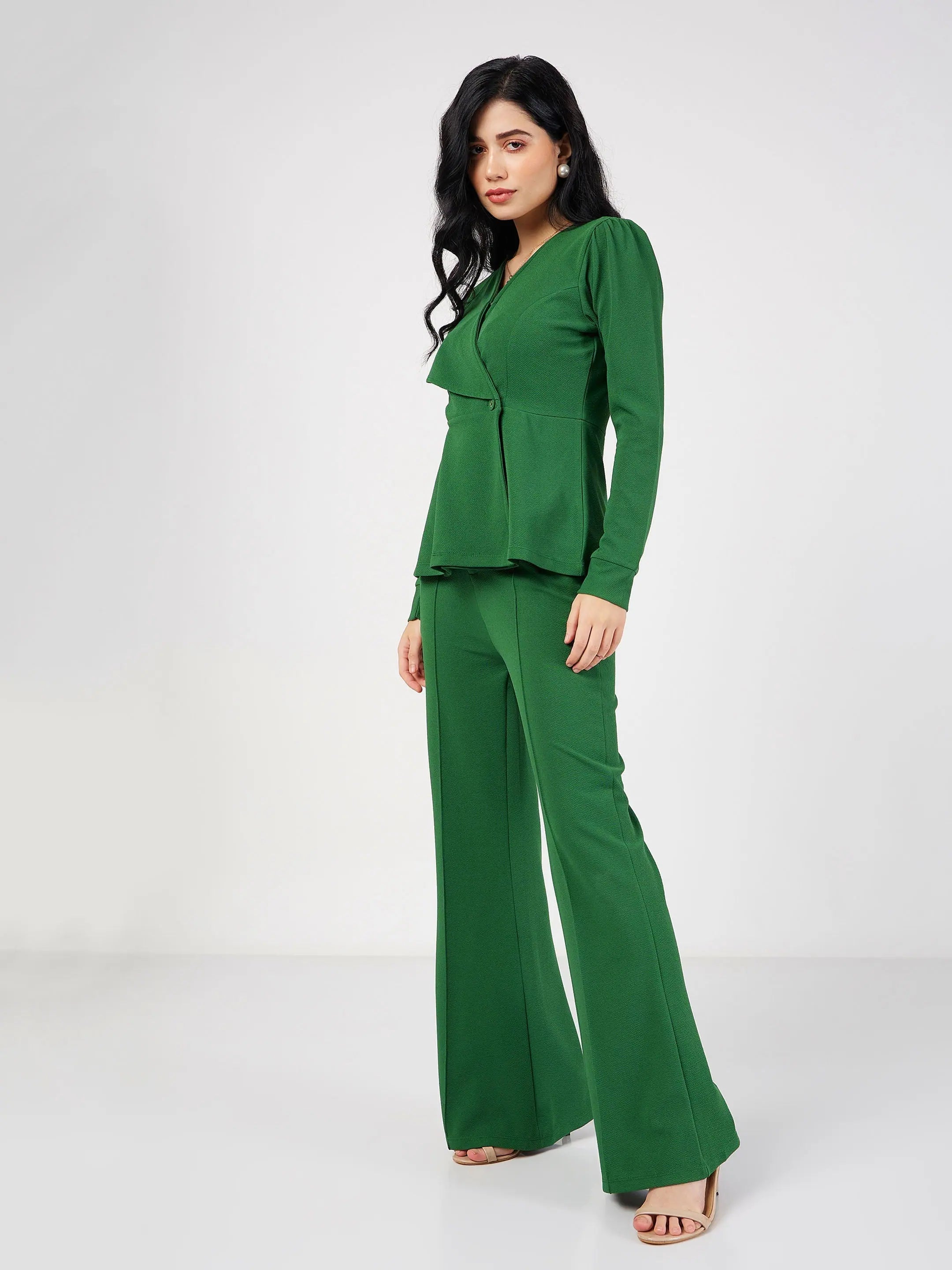 Green Wrap Peplum Top & Bellbottom Pants | Western Clothing
