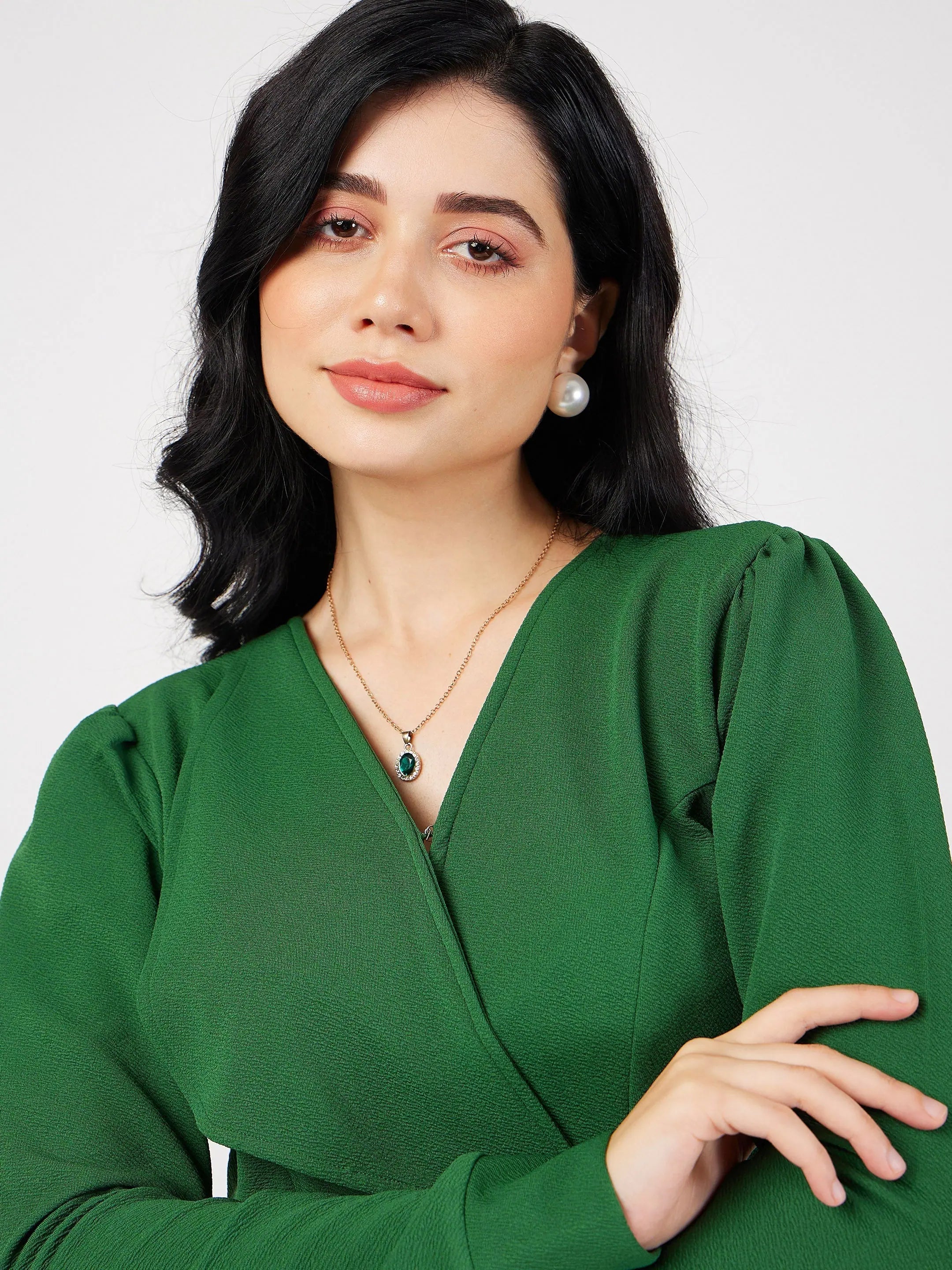 Green Wrap Peplum Top & Bellbottom Pants | Western Clothing