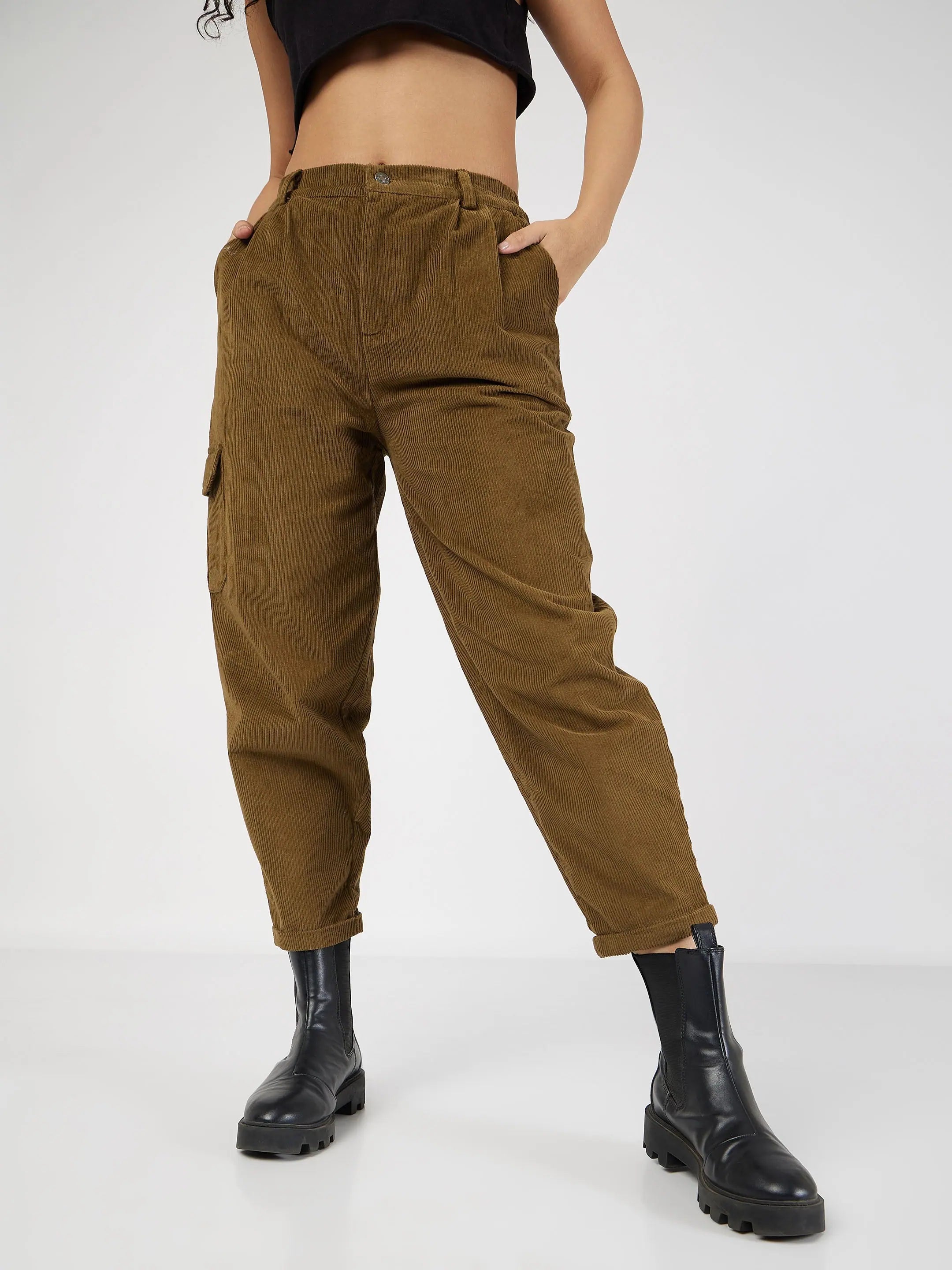 Beige Corduroy Carrot Fit Pants | Women's Western Wear