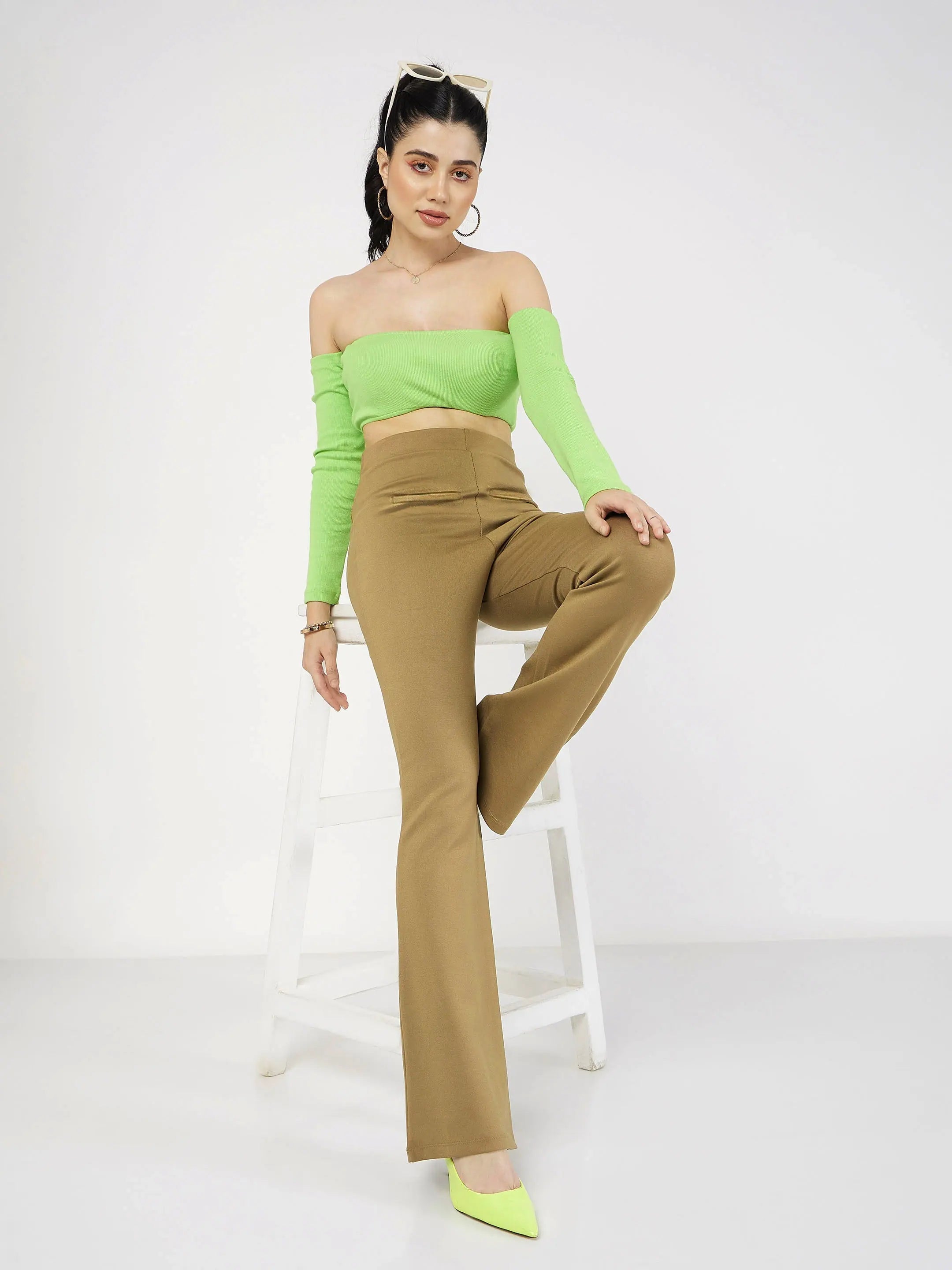Women's Beige Bell Bottom Pants | Western Outfits for Women