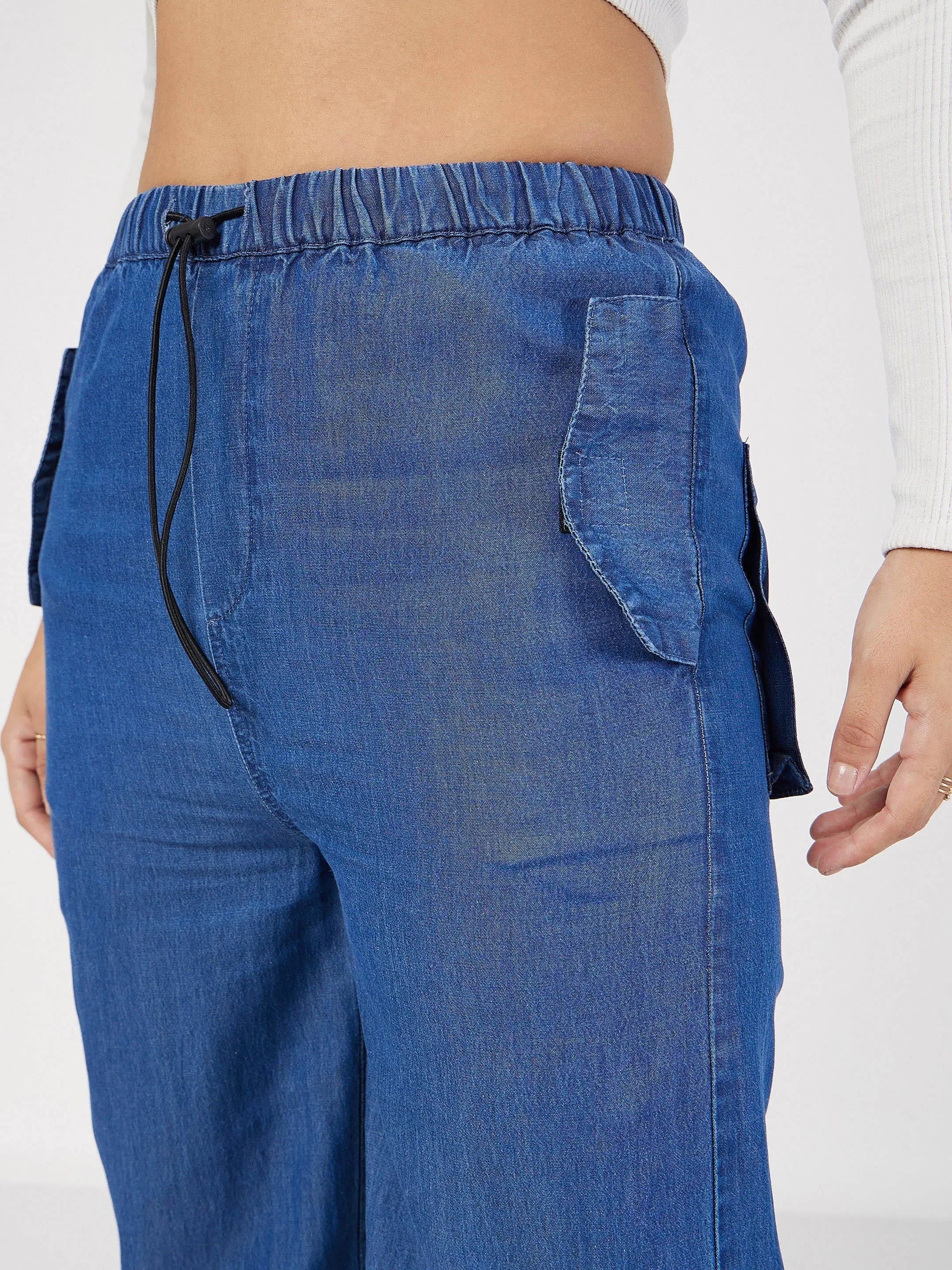 Blue Denim Baggy Cargo Pants | Women's Western Wear