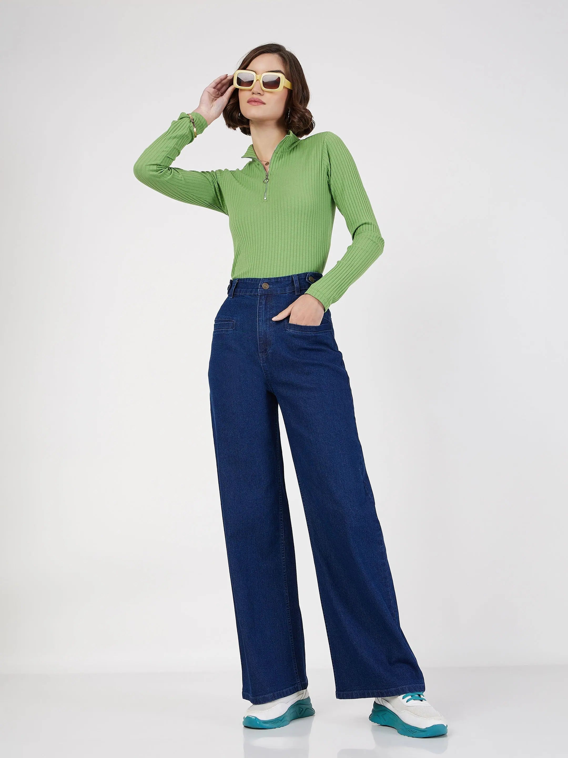 Women's Blue Straight Jeans with Bone Pocket Detail