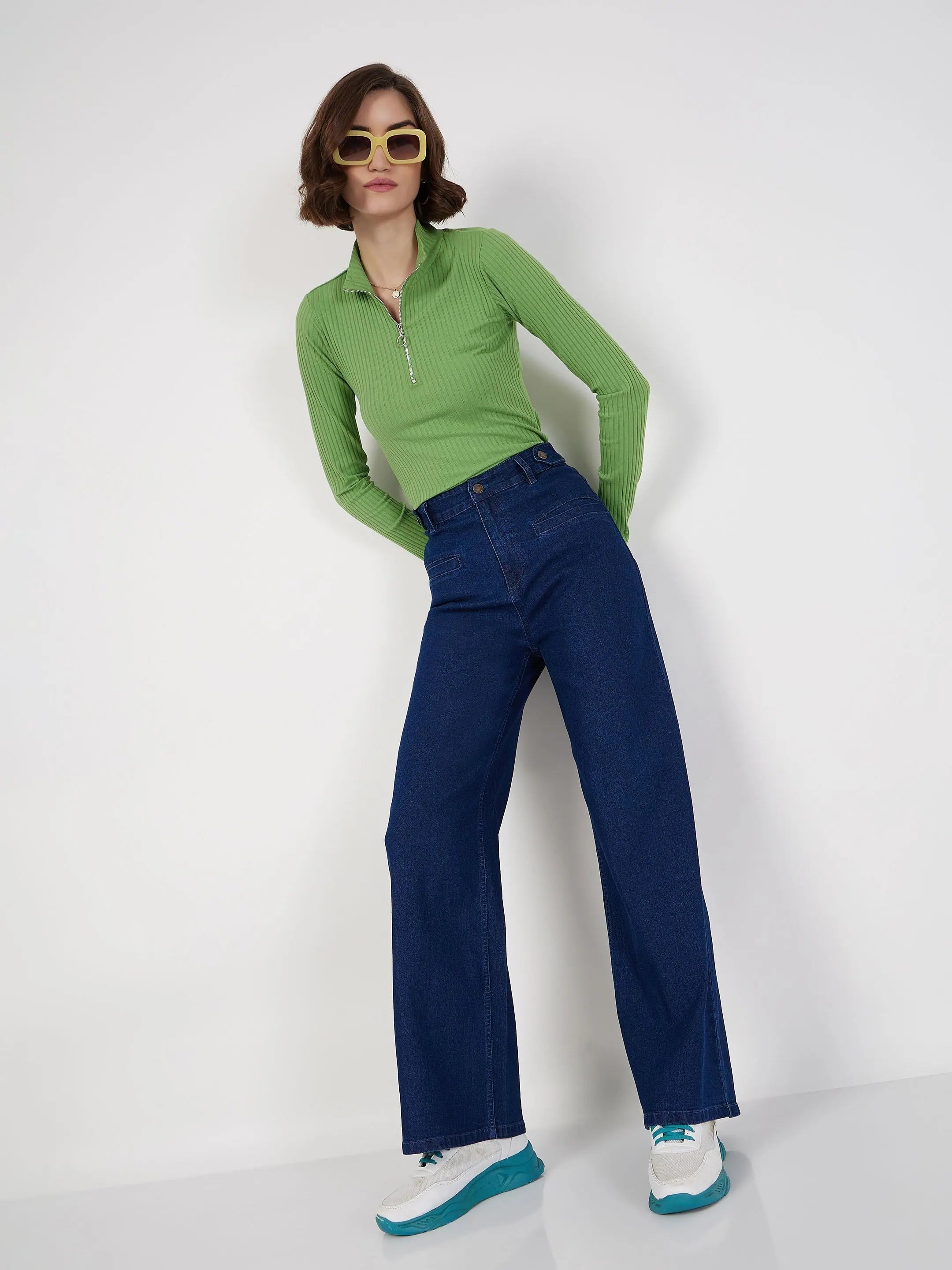 Women's Blue Straight Jeans with Bone Pocket Detail