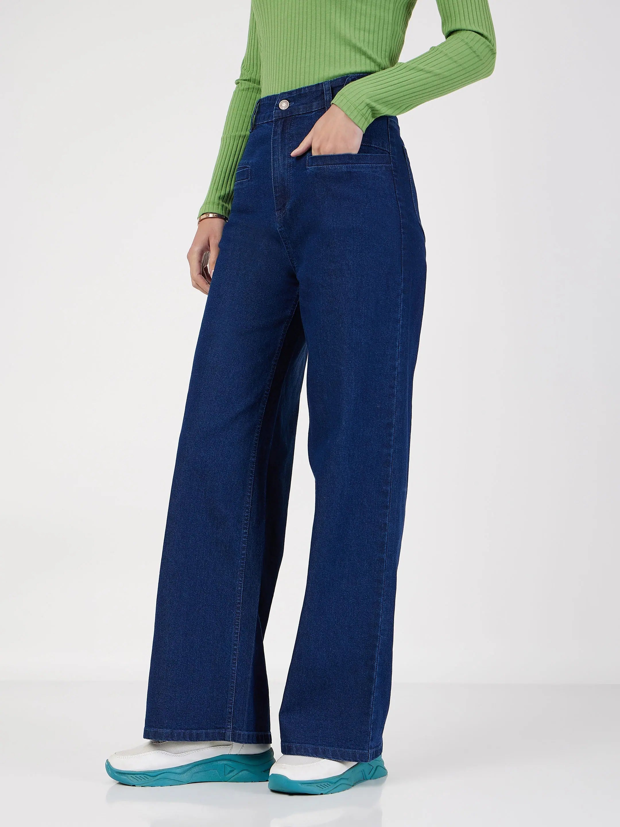 Women's Blue Straight Jeans with Bone Pocket Detail