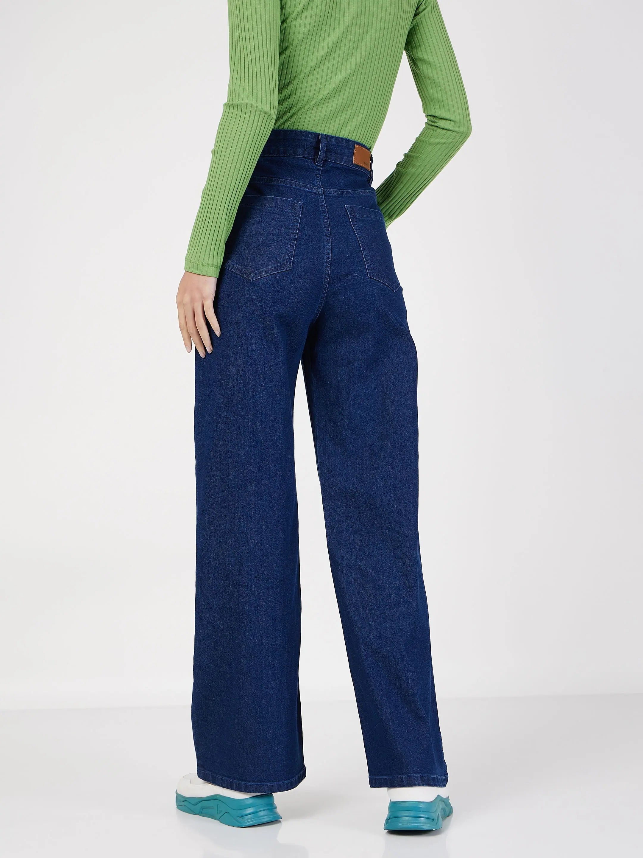 Women's Blue Straight Jeans with Bone Pocket Detail