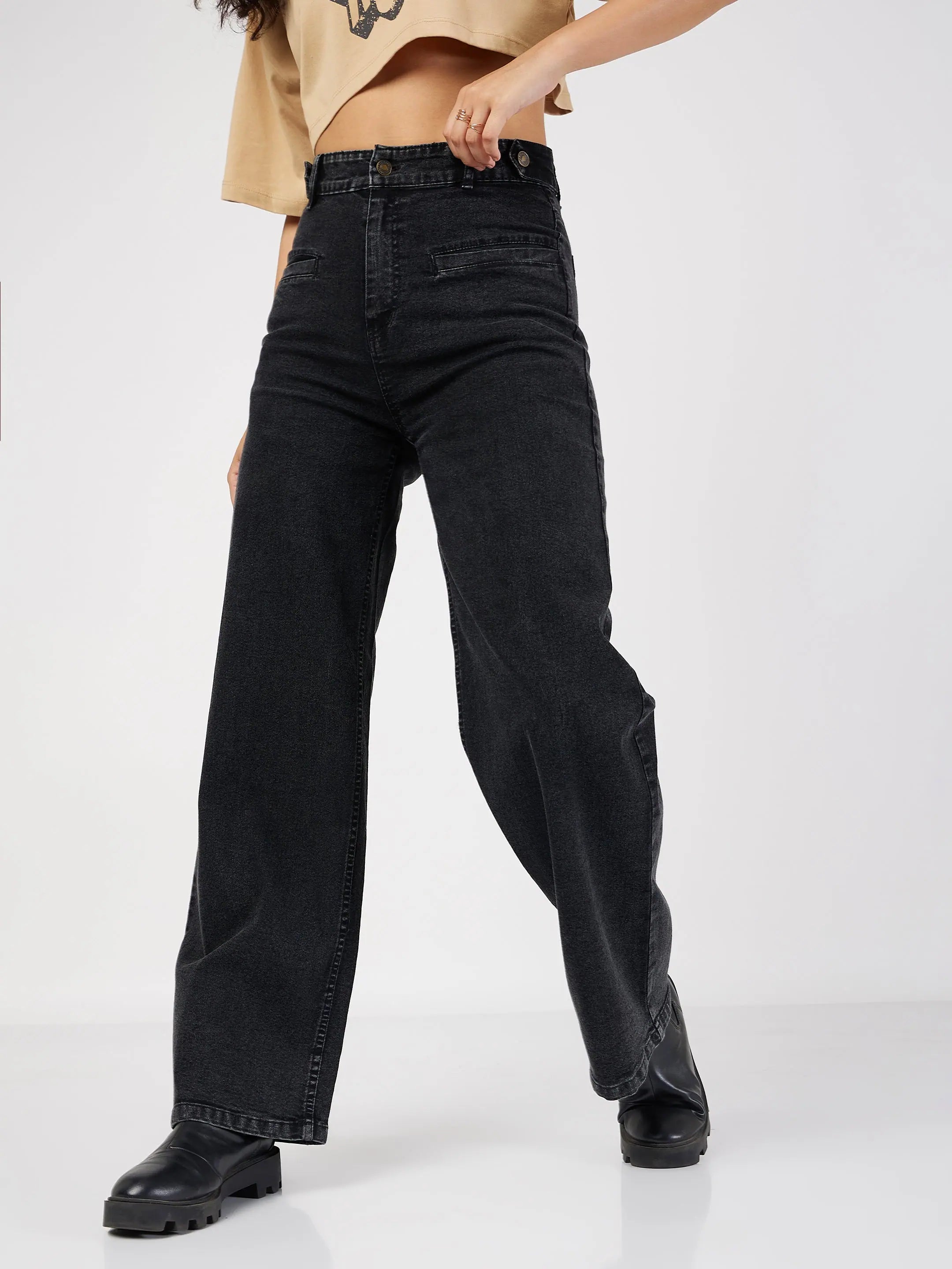 Black Bone Pocket Straight Jeans - Women's Stylish Denim