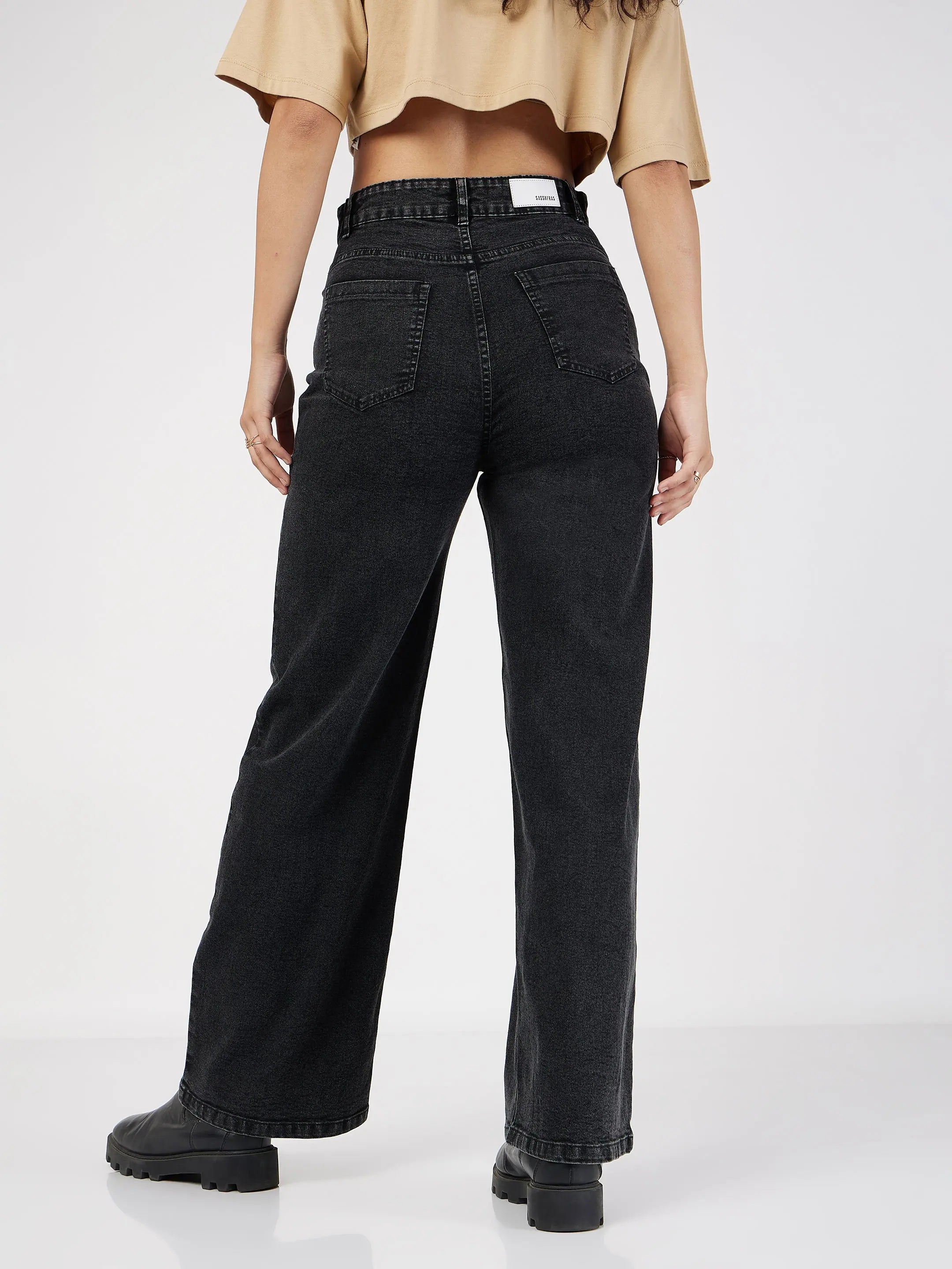 Black Bone Pocket Straight Jeans - Women's Stylish Denim