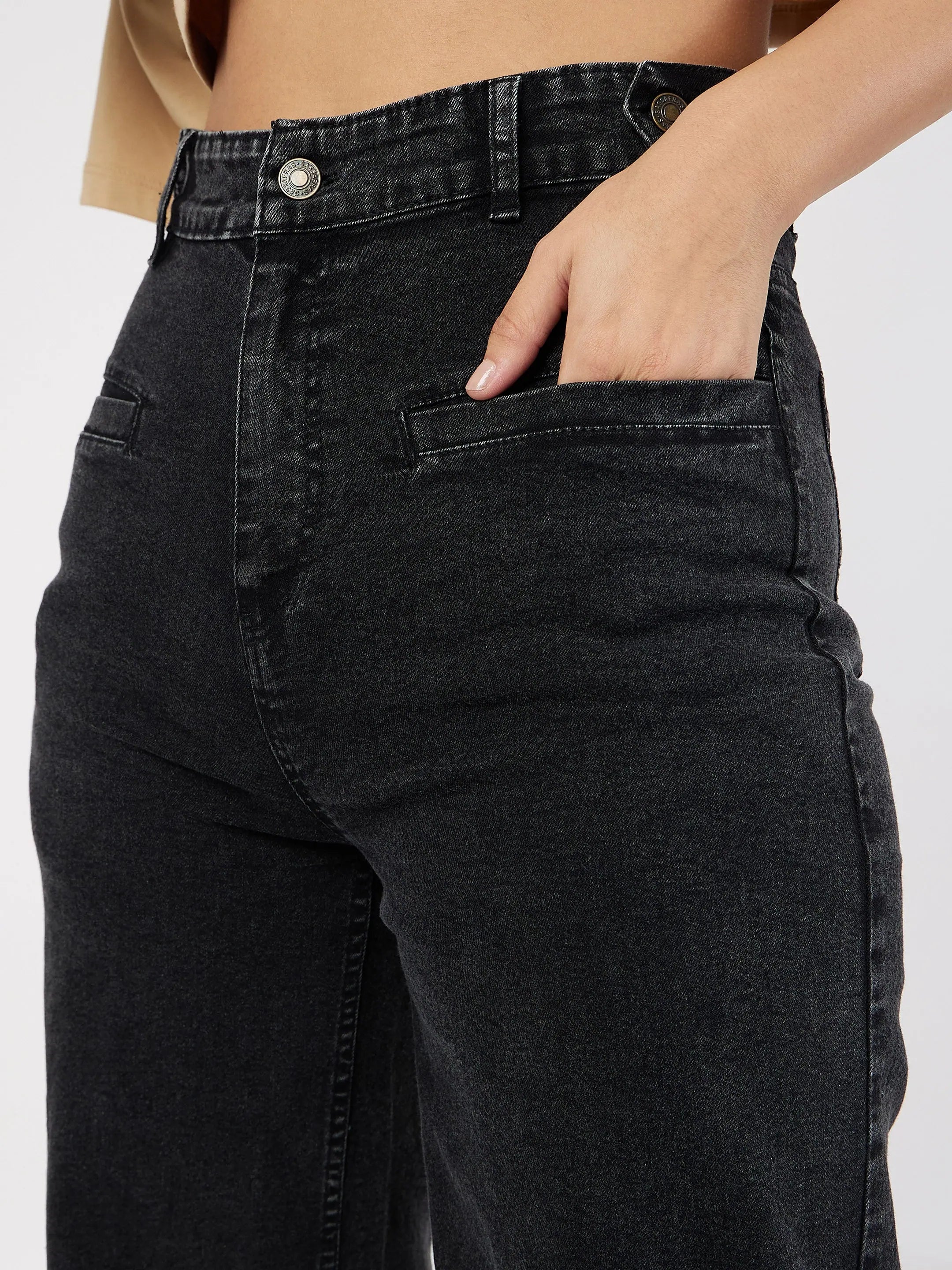 Black Bone Pocket Straight Jeans - Women's Stylish Denim