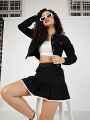 Women Solid Standard Black Collared Neck Full Sleeve Jacket