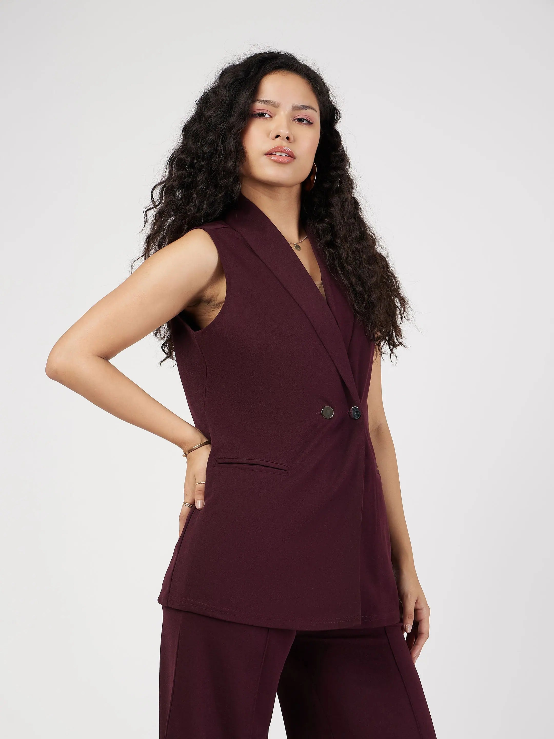 Burgundy Sleeveless Blazer | Women's Western Wear Outfits