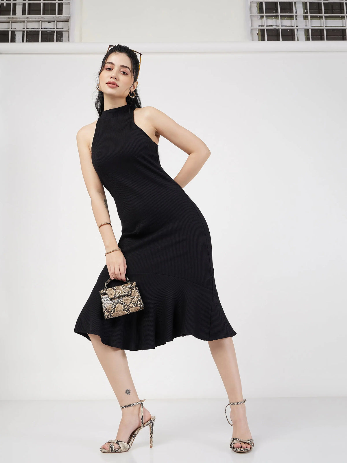 Women Black Rib Fish Frill Bodycon Midi Dress
