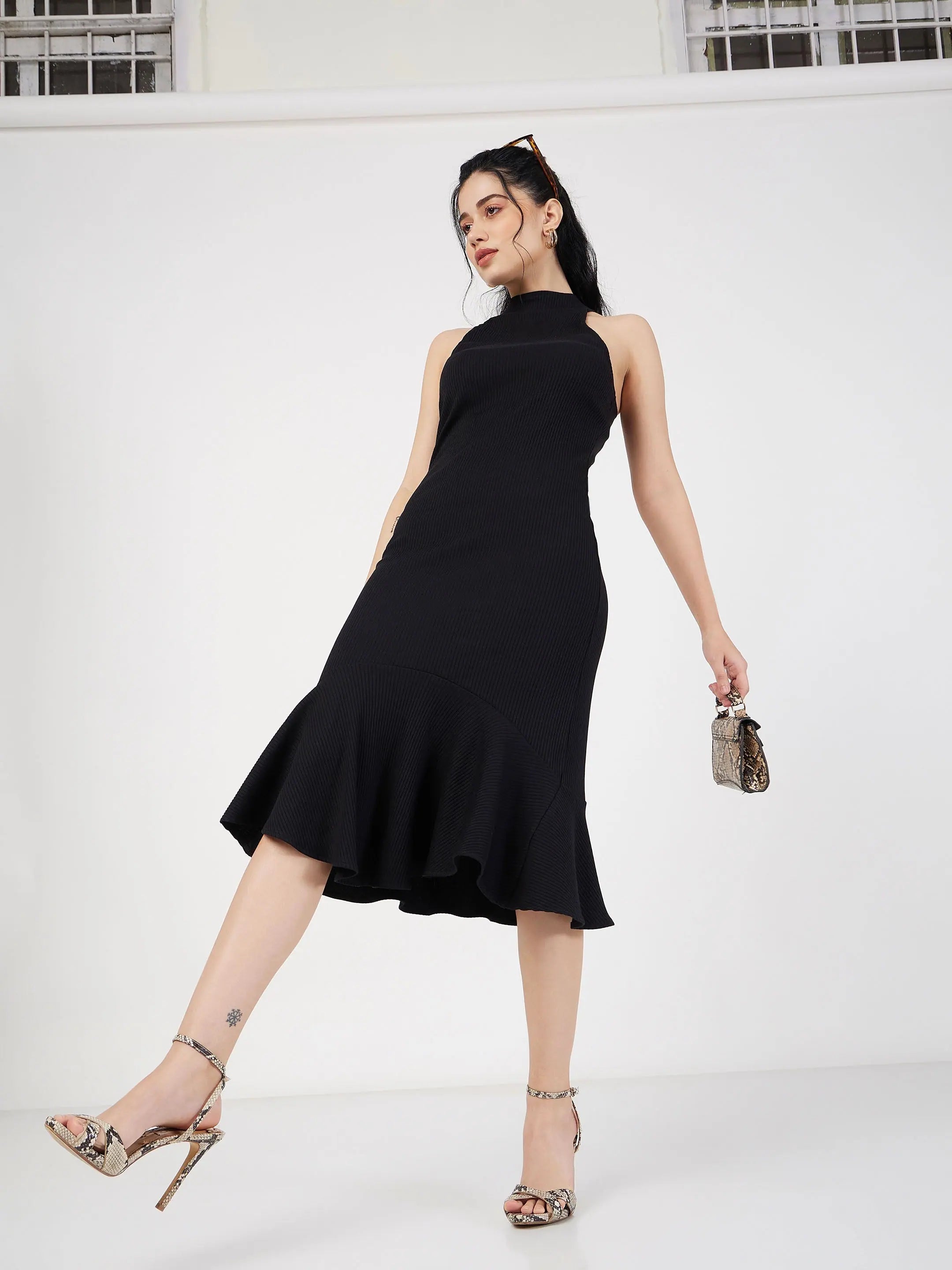 Black Rib Frill Bodycon Midi Dress | Women's Fit & Flare