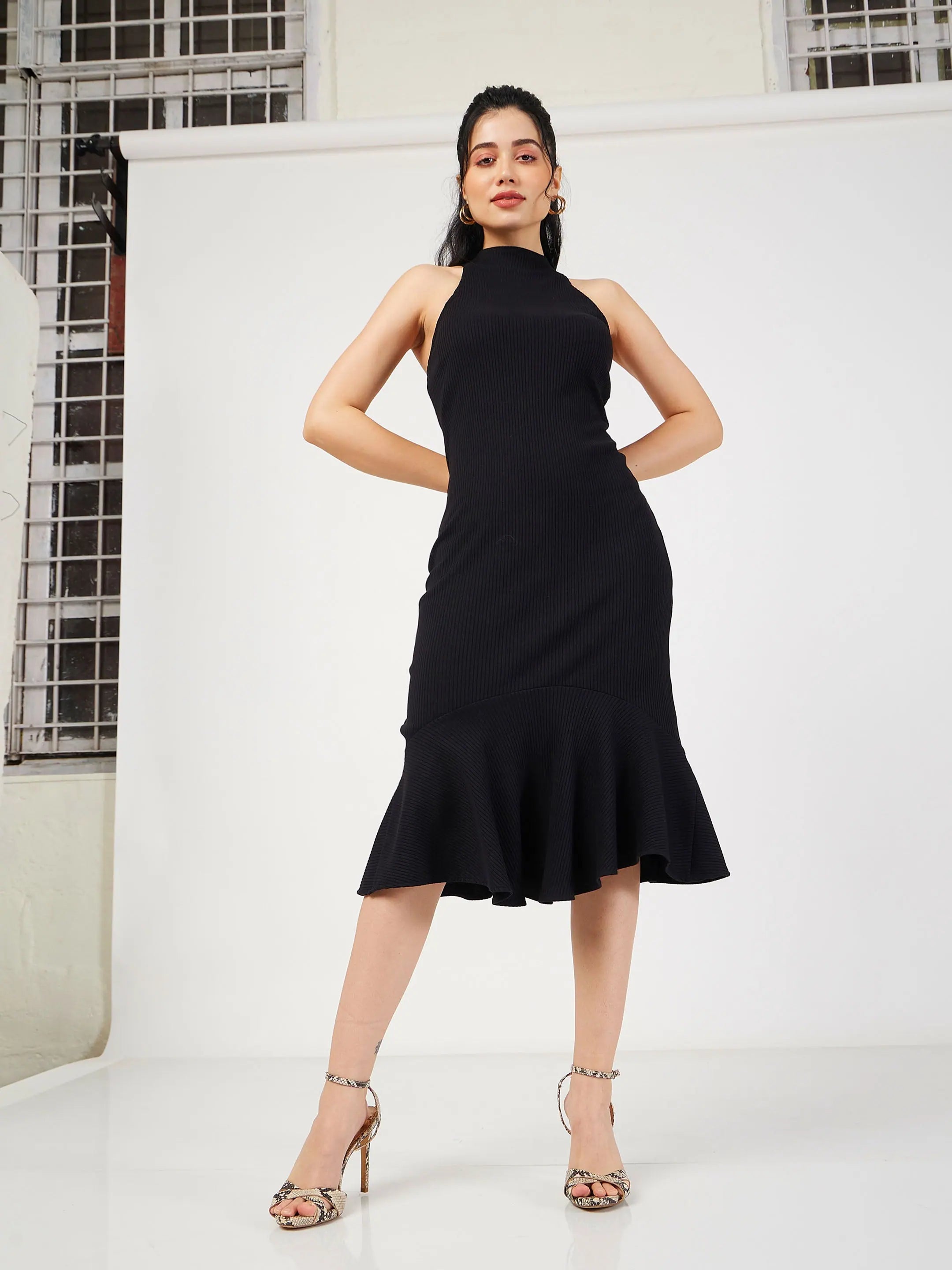 Black Rib Frill Bodycon Midi Dress | Women's Fit & Flare