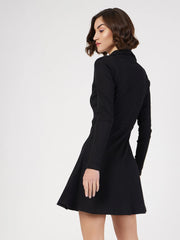 Women Black Rib Polo Neck Skater Dress