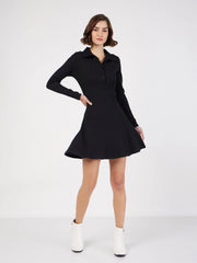 Women Black Rib Polo Neck Skater Dress