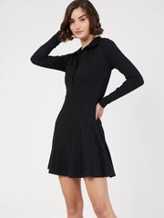 Women Black Rib Polo Neck Skater Dress