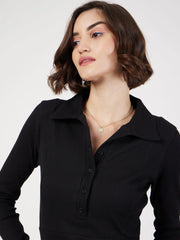 Women Black Rib Polo Neck Skater Dress