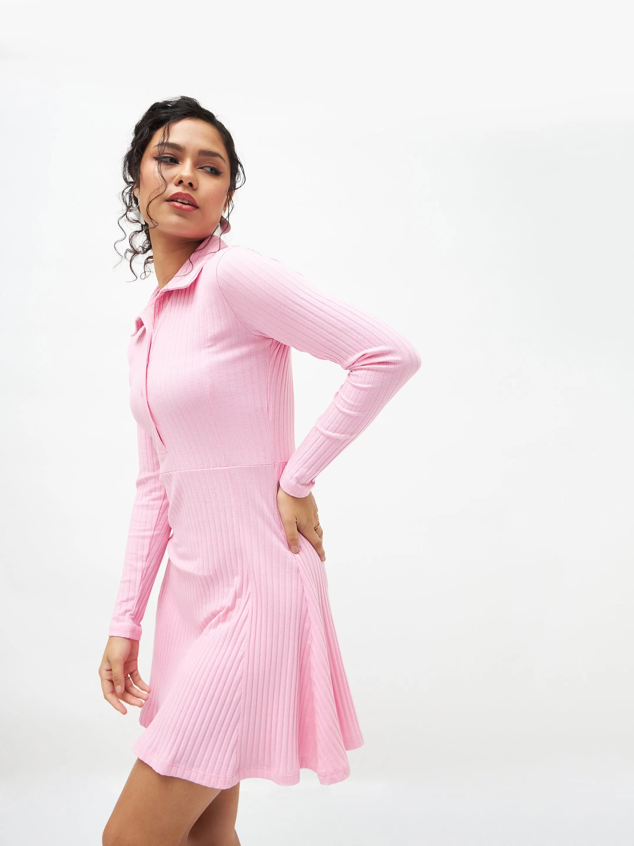 Pink Rib Skater Dress | Polo Neck Women's Designer Lehenga