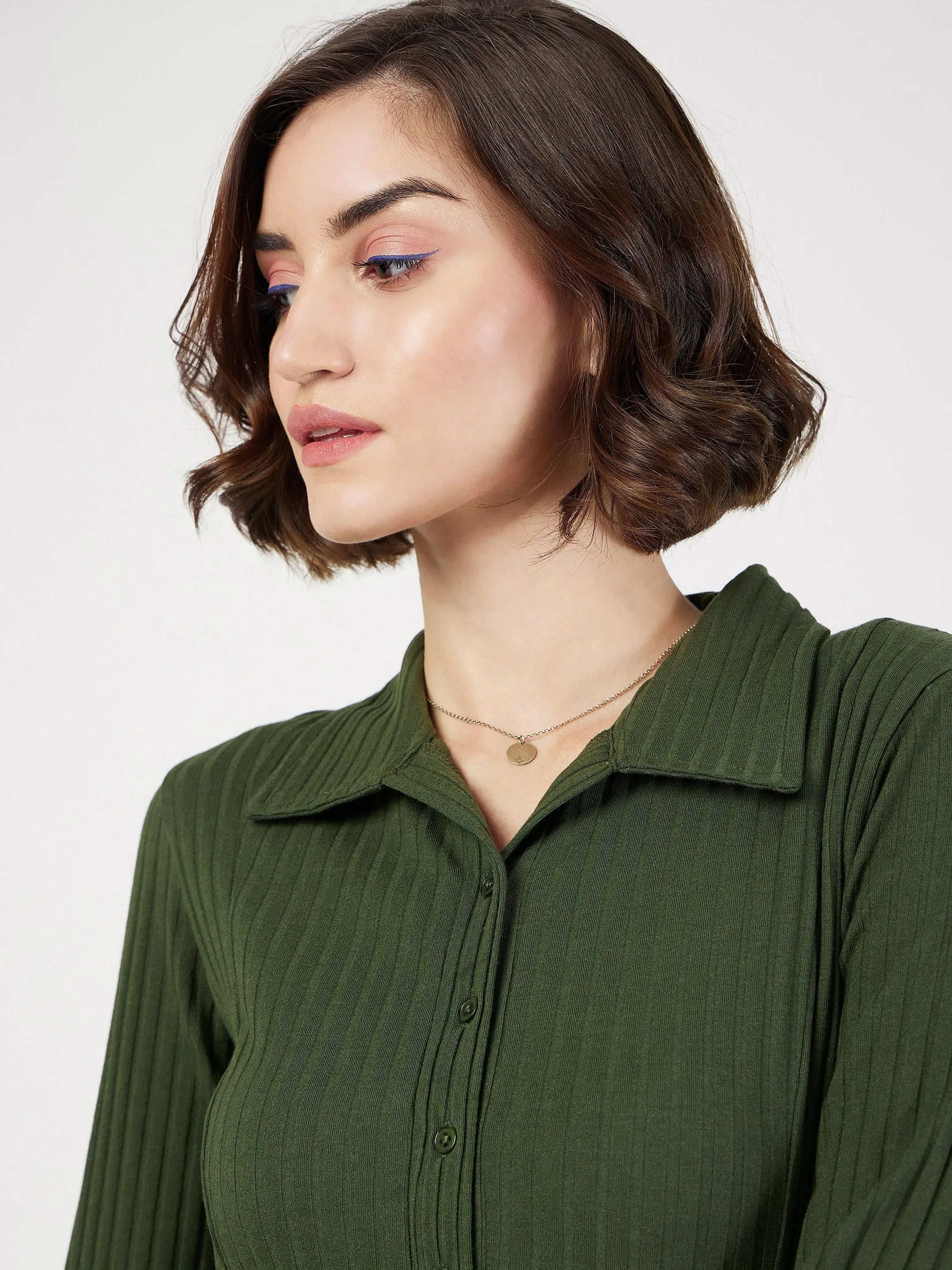 Olive Rib Skater Dress | Polo Neck Women's Lehenga Fashion