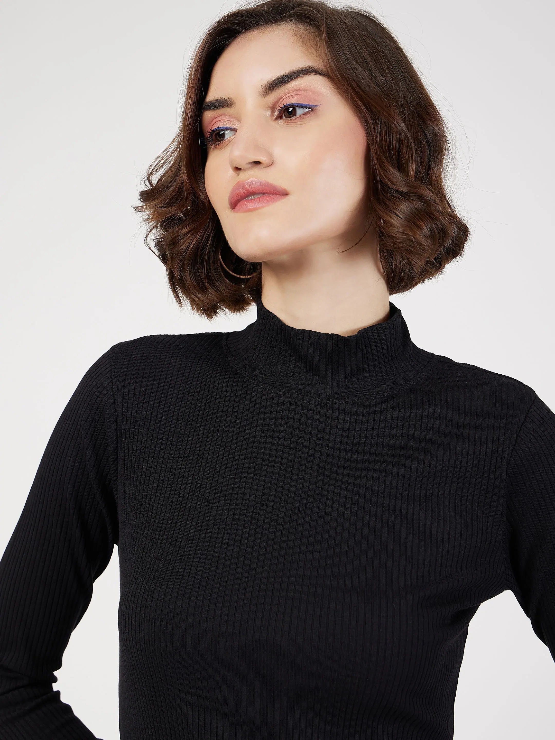 Black Rib Short Dress - Turtle Neck Ribbed Design