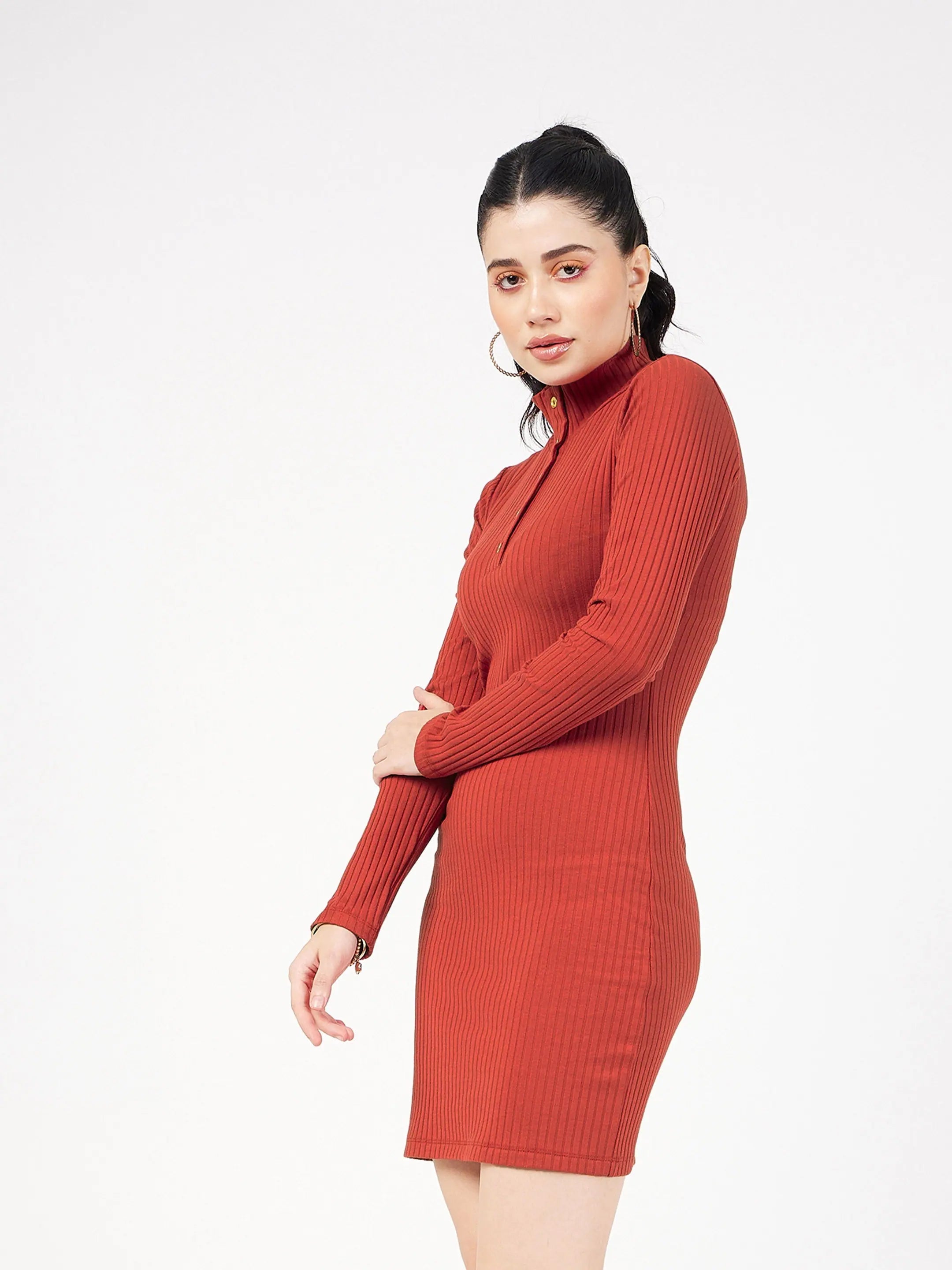 Rust Rib Mini Dress with Buttons | Women's Traditional Lehenga