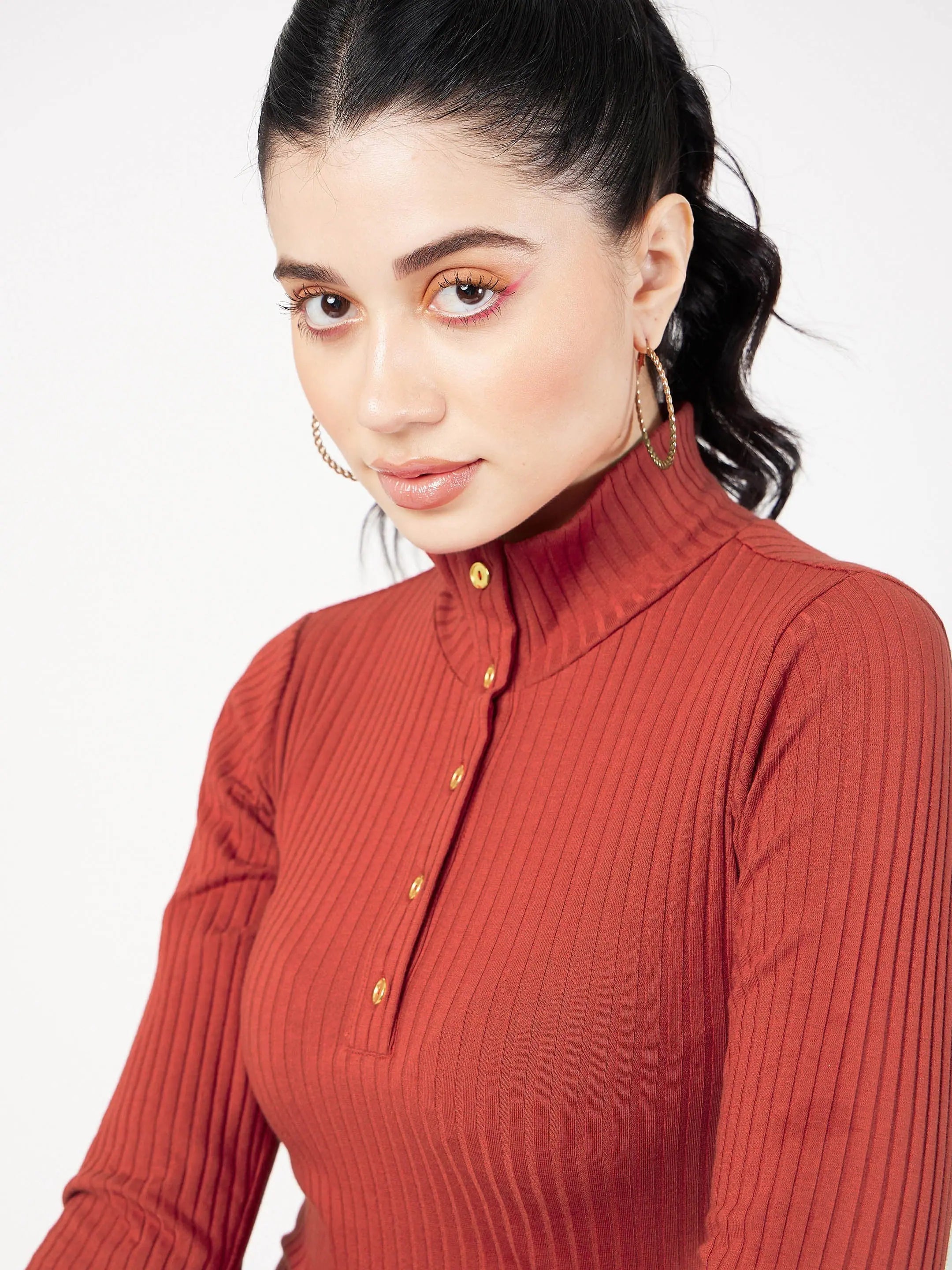 Rust Rib Mini Dress with Buttons | Women's Traditional Lehenga