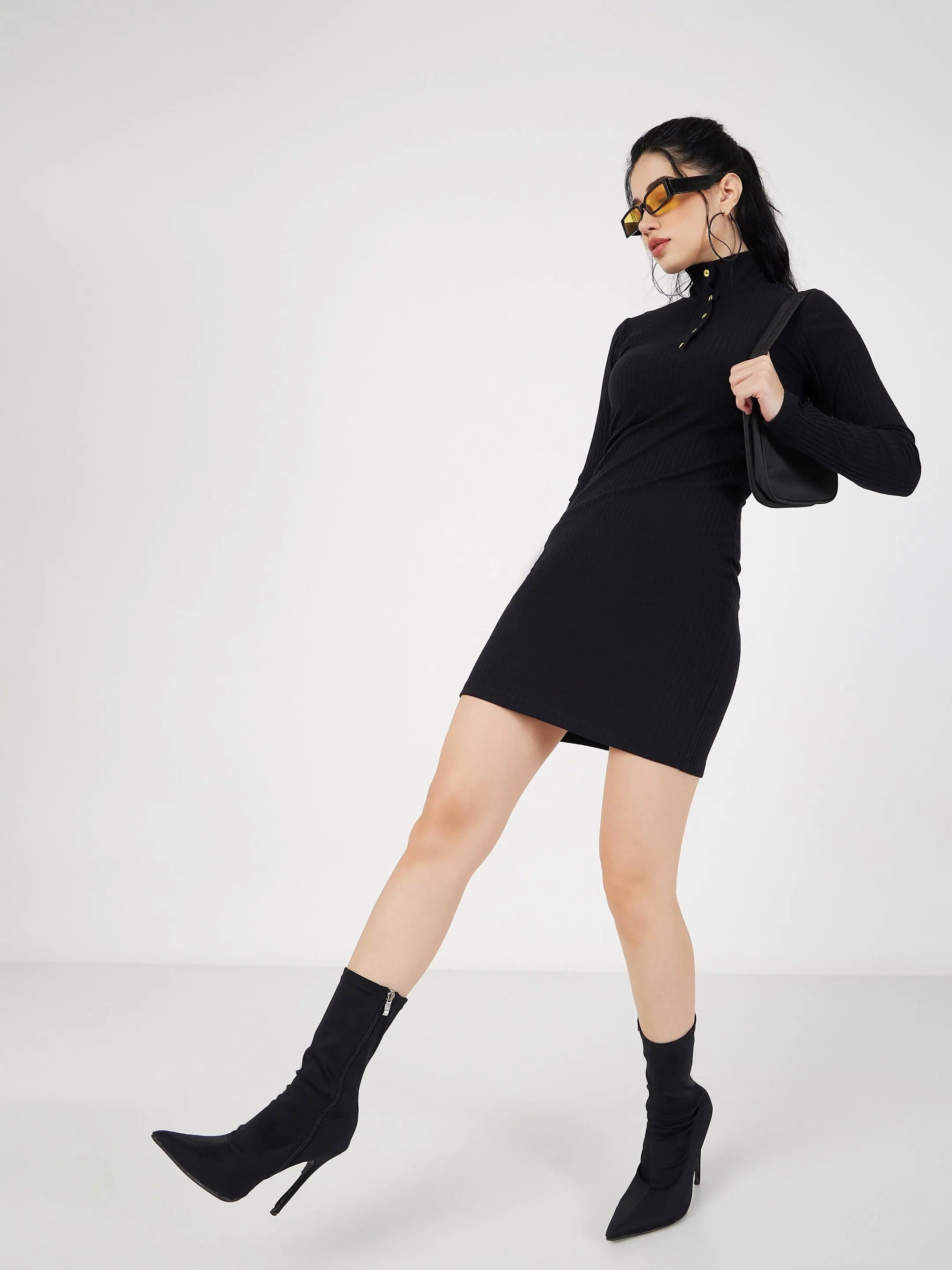 Black Rib High Neck Mini Dress | Women's Wedding Lehenga