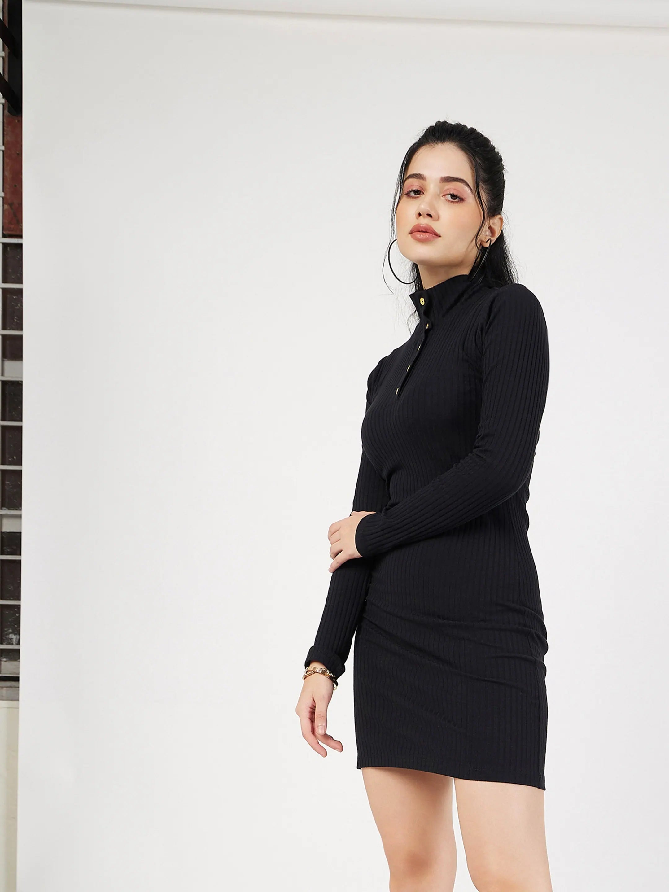 Black Rib High Neck Mini Dress | Women's Wedding Lehenga