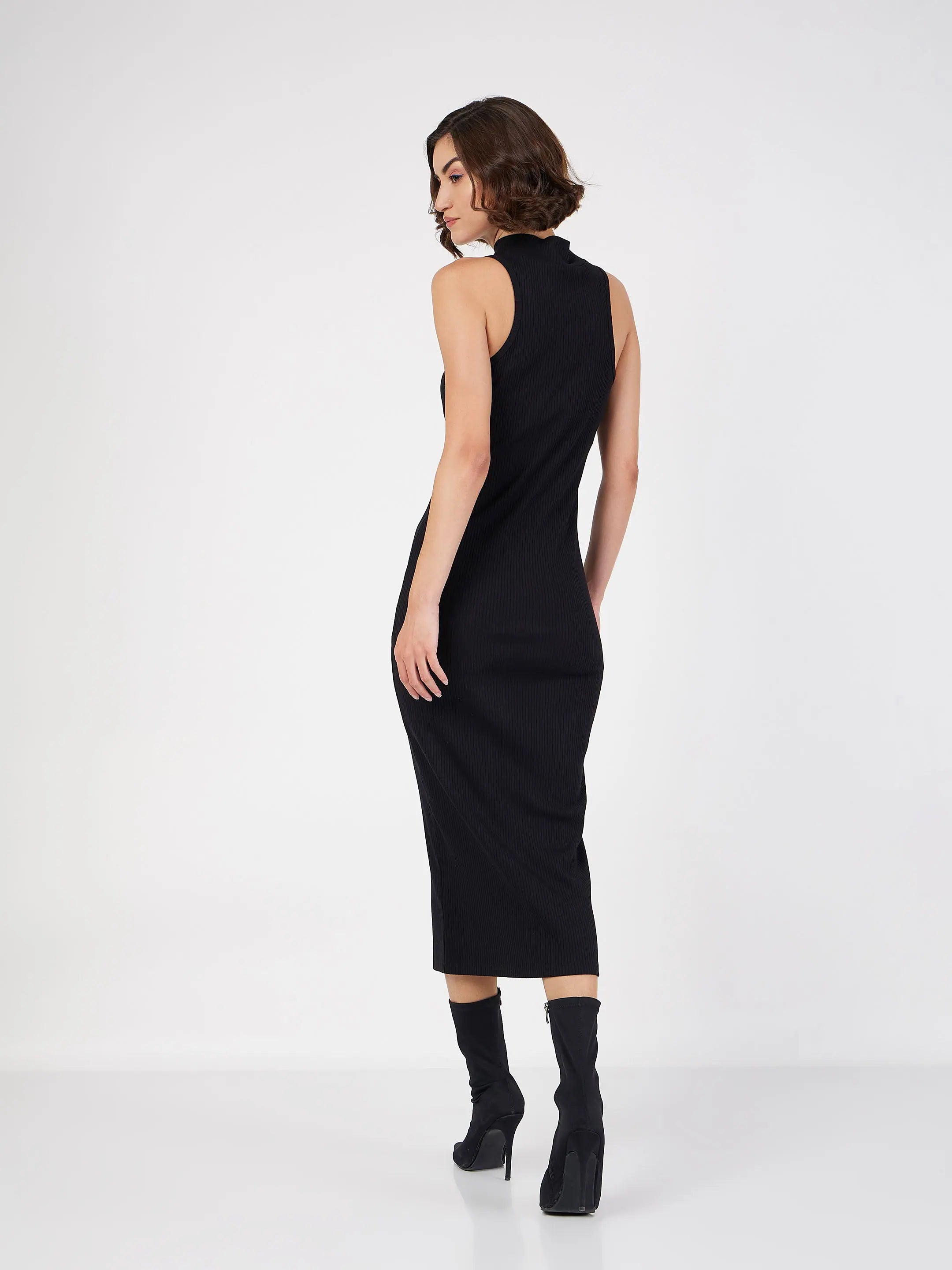 Black Rib Turtle Neck Sleeveless Dress | Western Outfits