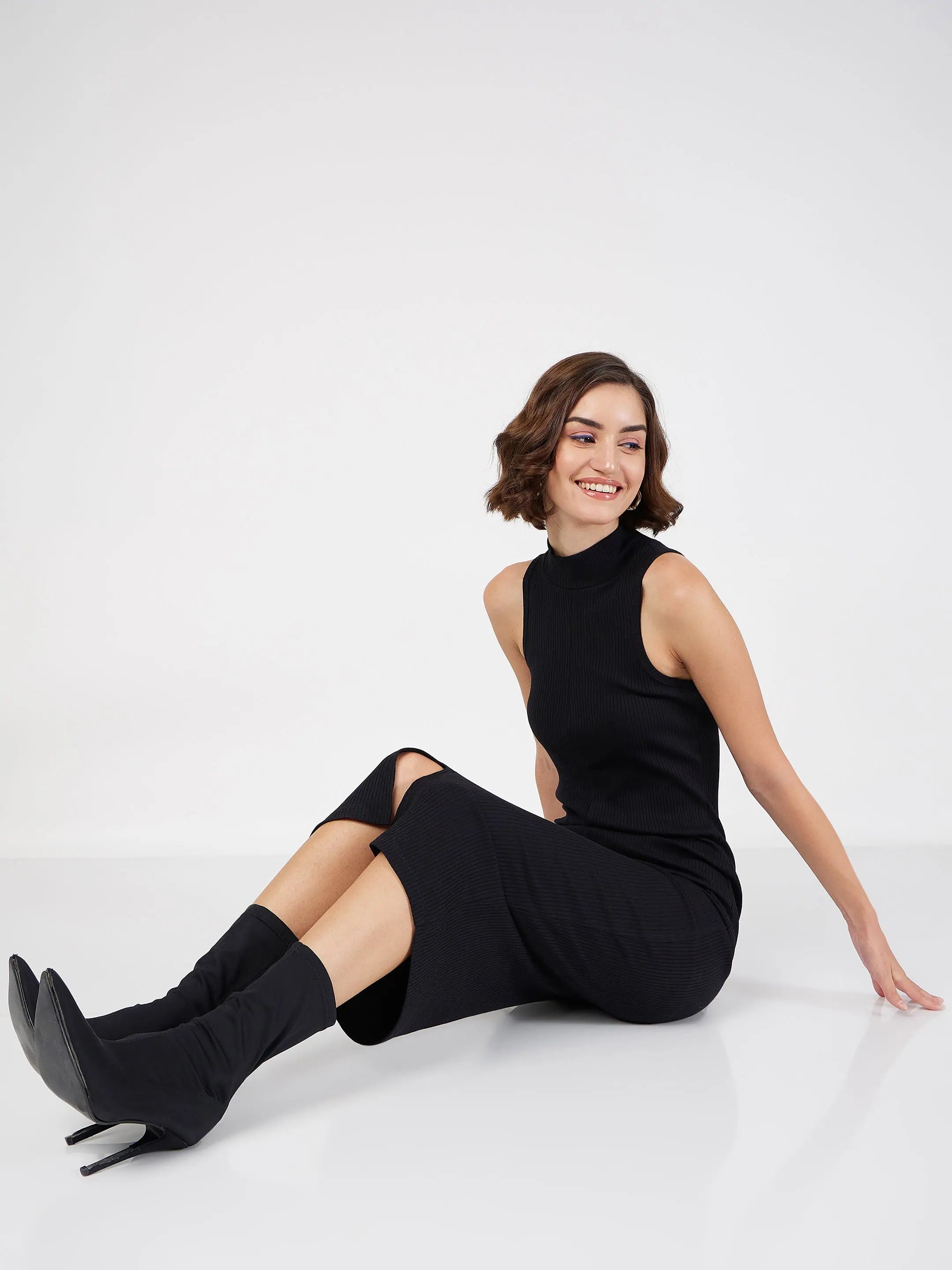 Black Rib Turtle Neck Sleeveless Dress | Western Outfits