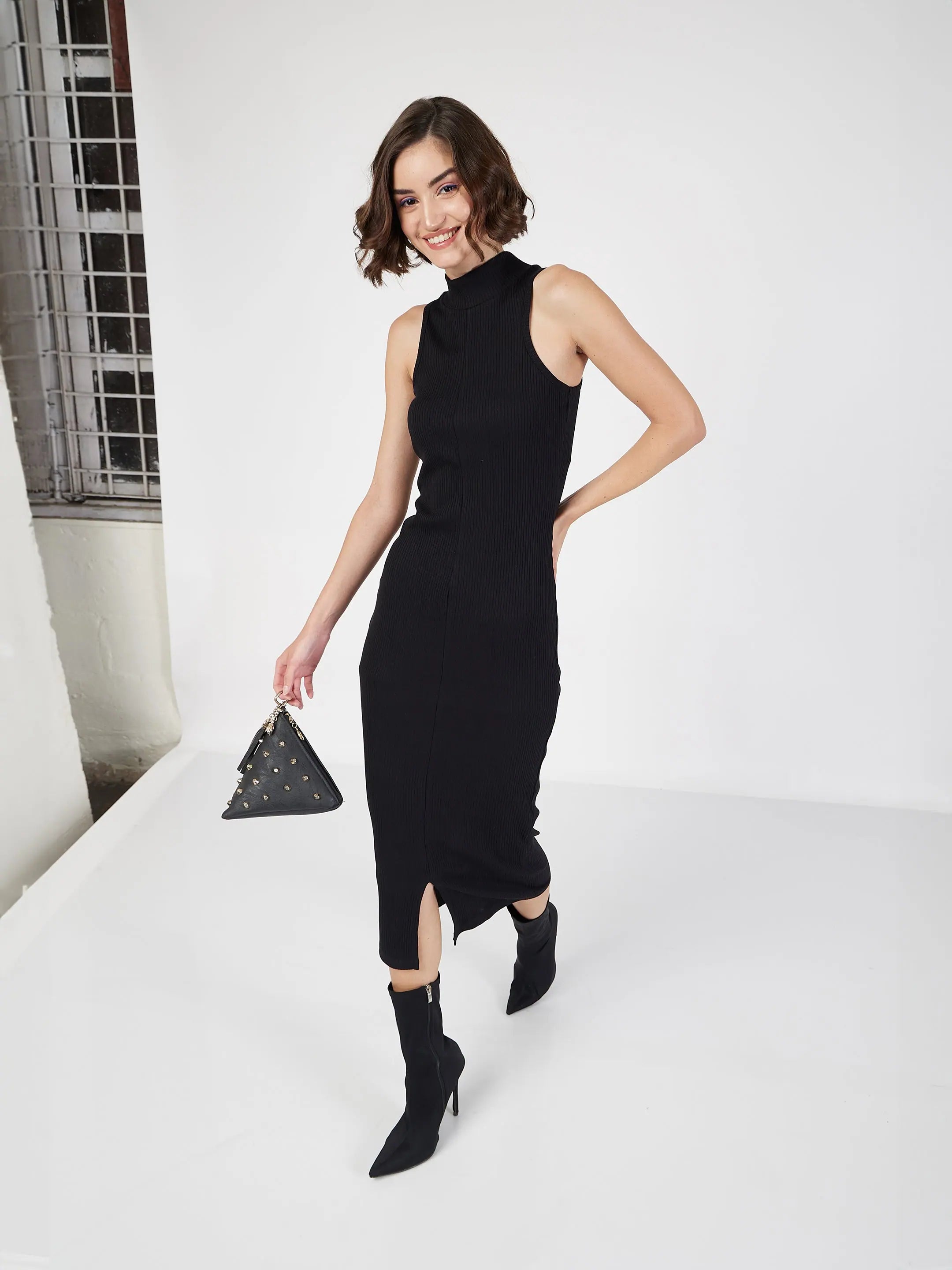 Black Rib Turtle Neck Sleeveless Dress | Western Outfits