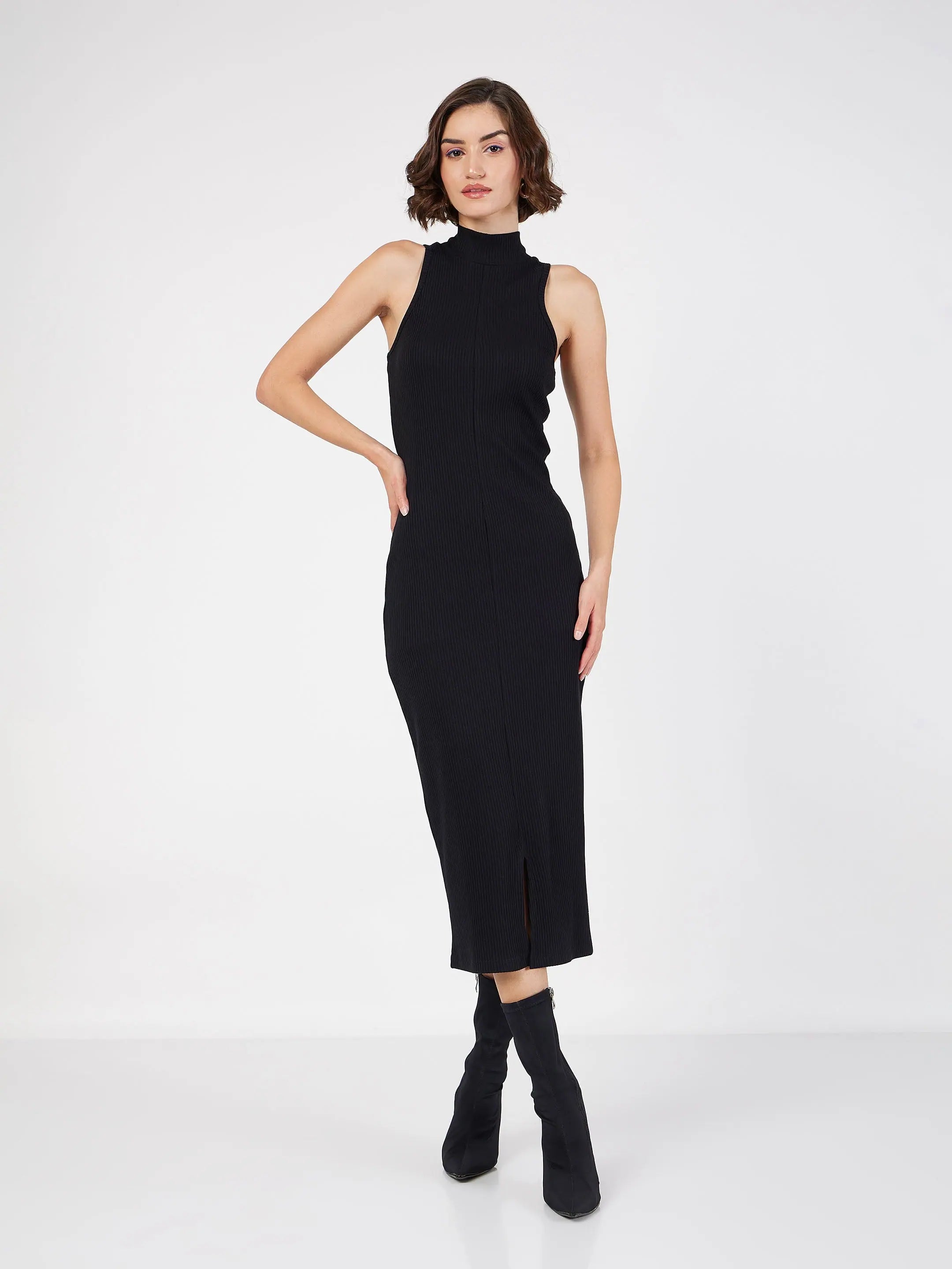 Black Rib Turtle Neck Sleeveless Dress | Western Outfits