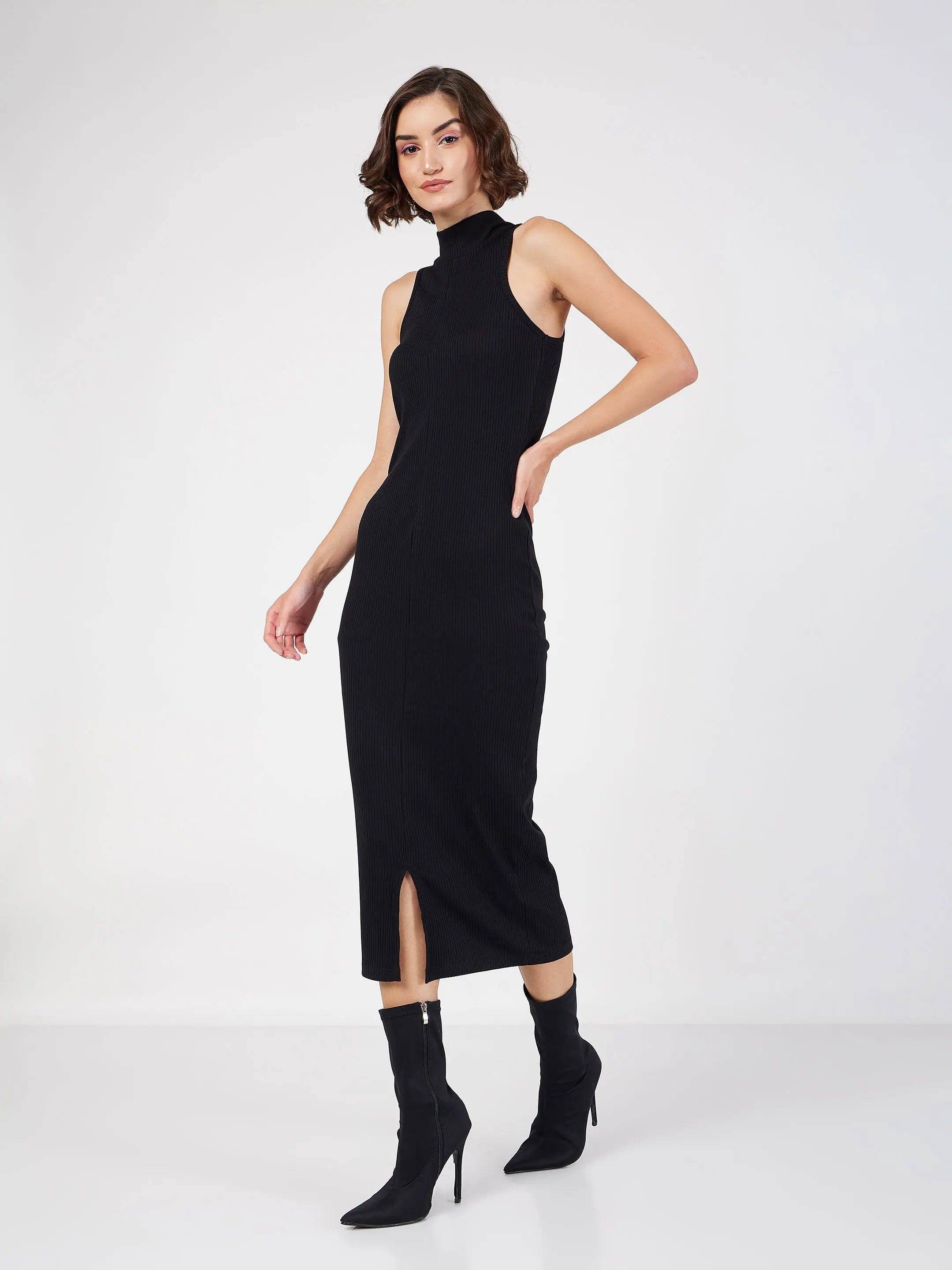 Black Rib Turtle Neck Sleeveless Dress | Western Outfits