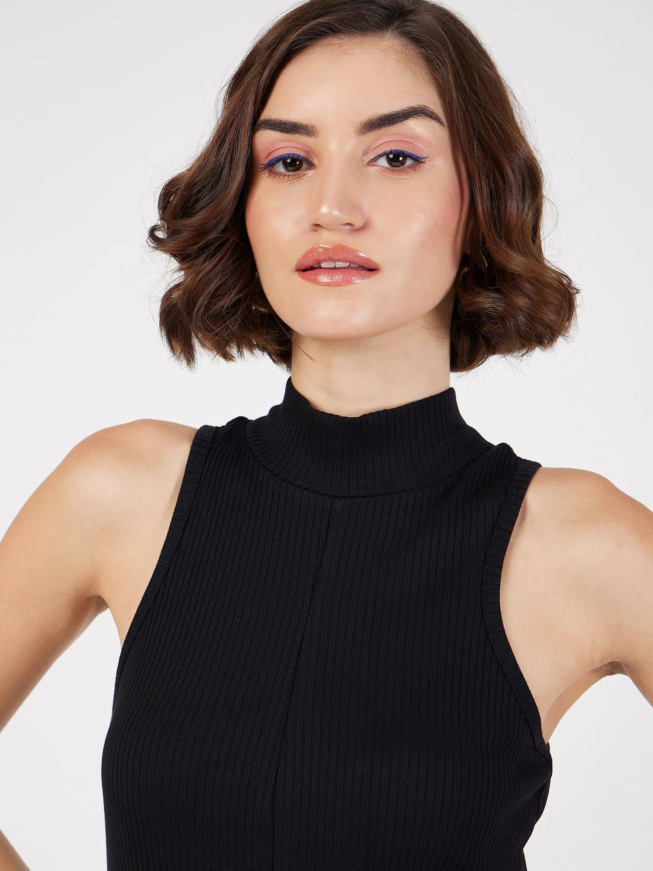 Black Rib Turtle Neck Sleeveless Dress | Western Outfits