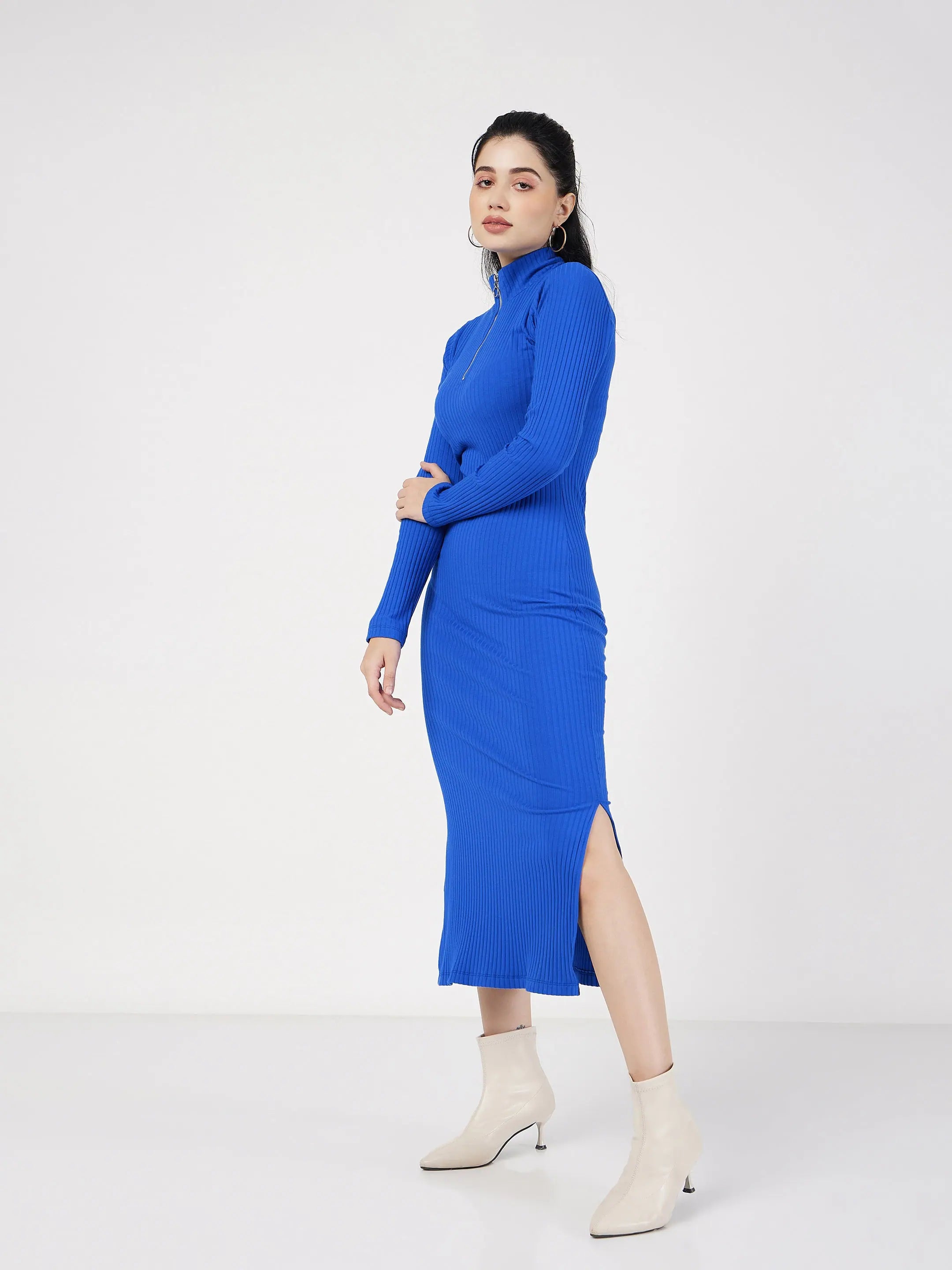 Royal Blue Rib High Neck Zip Dress | Women's Western Clothing
