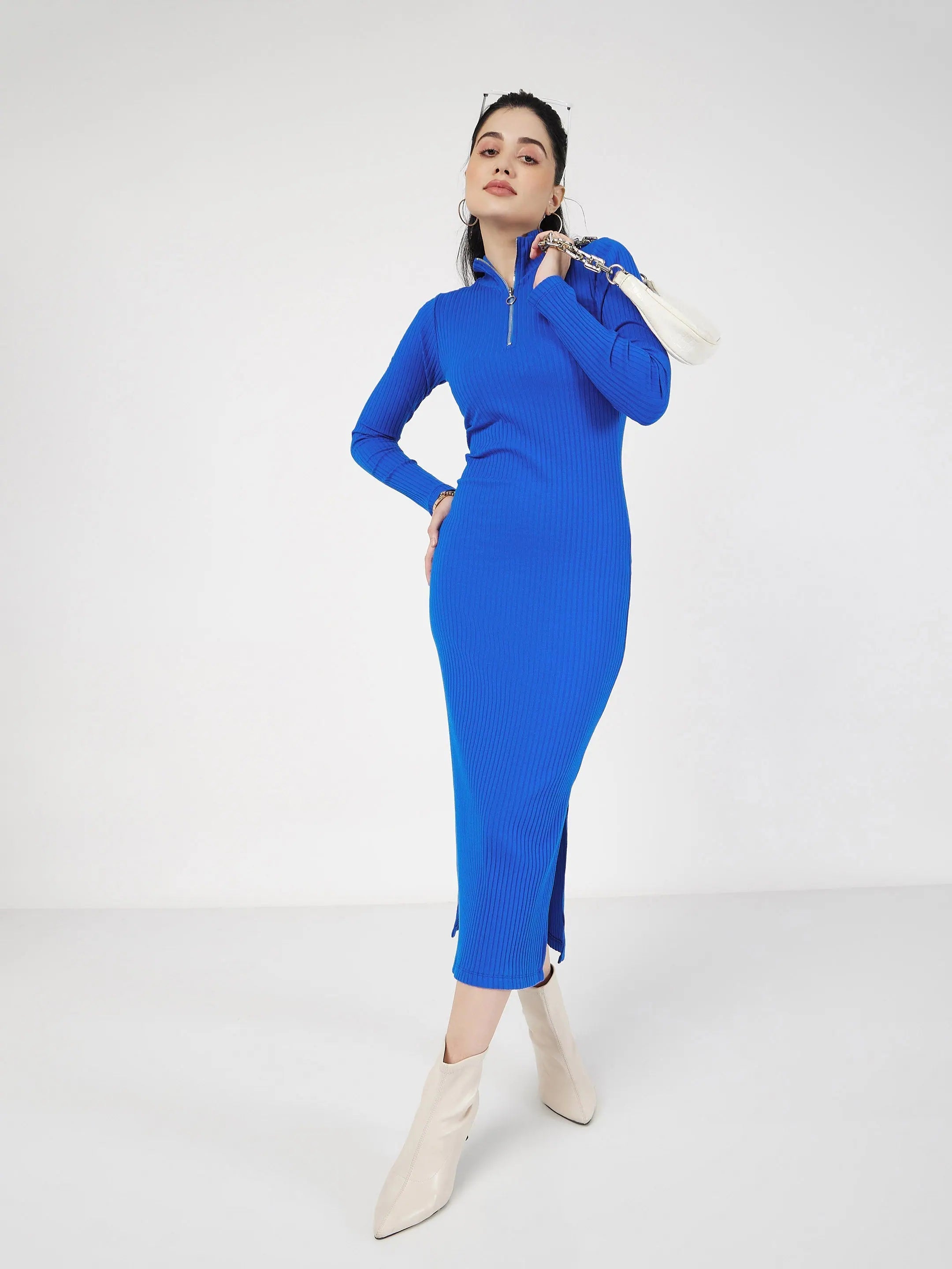 Royal Blue Rib High Neck Zip Dress | Women's Western Clothing