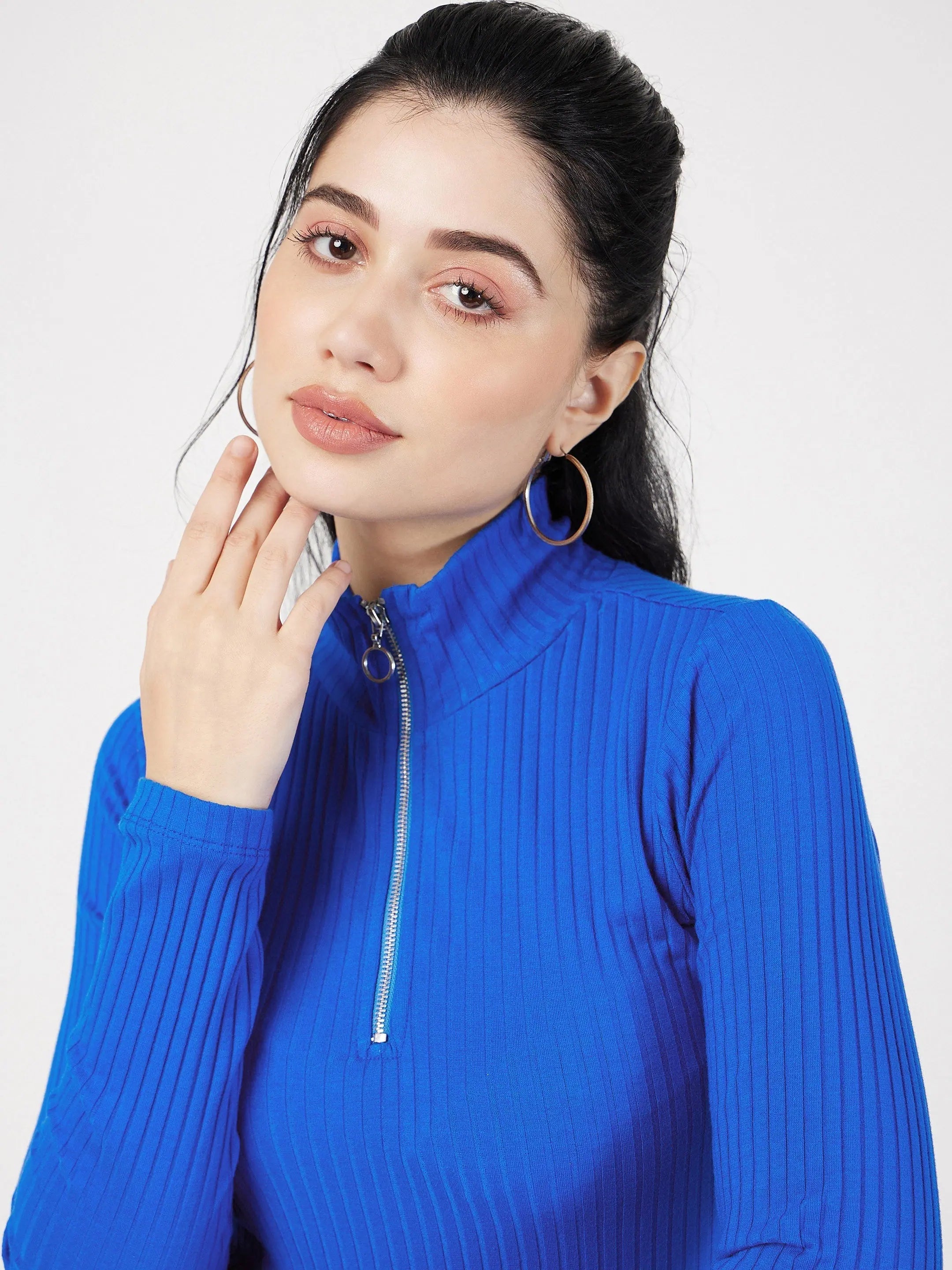 Royal Blue Rib High Neck Zip Dress | Women's Western Clothing