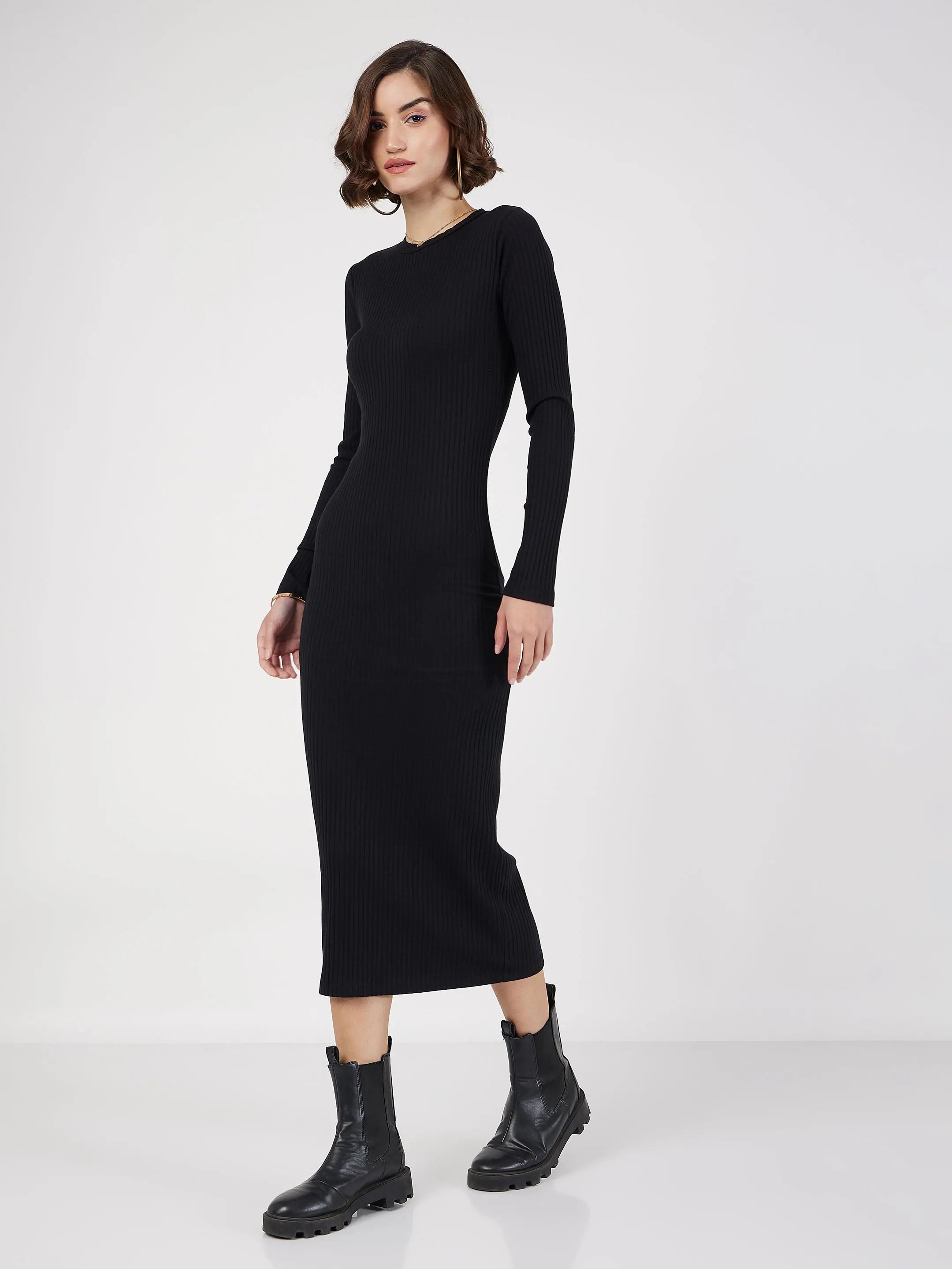 Black Rib Bodycon Midi Dress | Women's Western Wear
