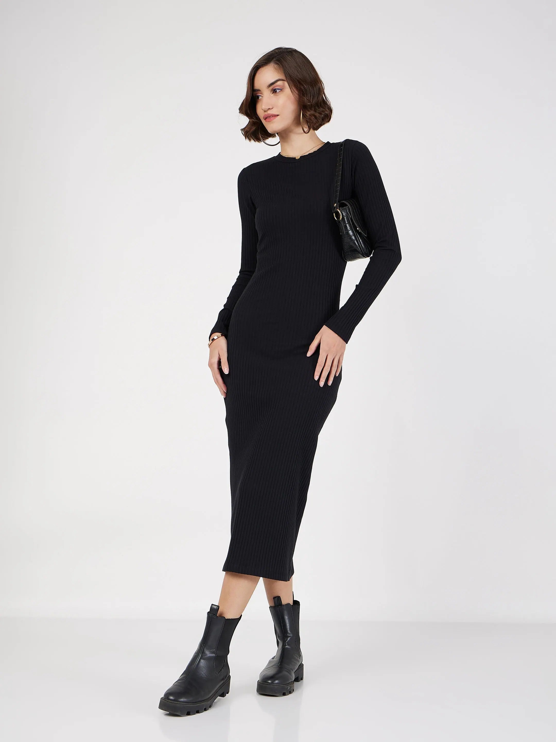 Black Rib Bodycon Midi Dress | Women's Western Wear